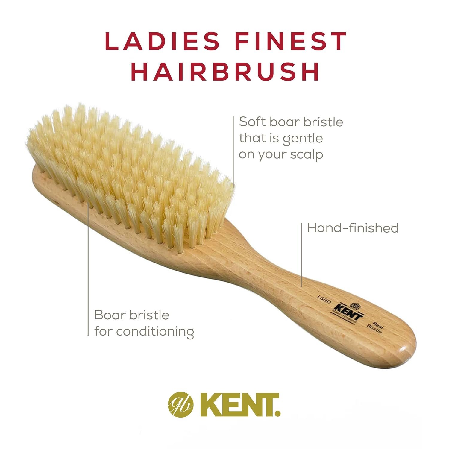 Kent LS9D Satinwood Pure Soft White Bristle Narrow Hair Brush – Boar Bristle Brush for Thin Hair. Luxury Styling, Straightening, and Smoothing. Ideal for Women. Made in England - Image 4