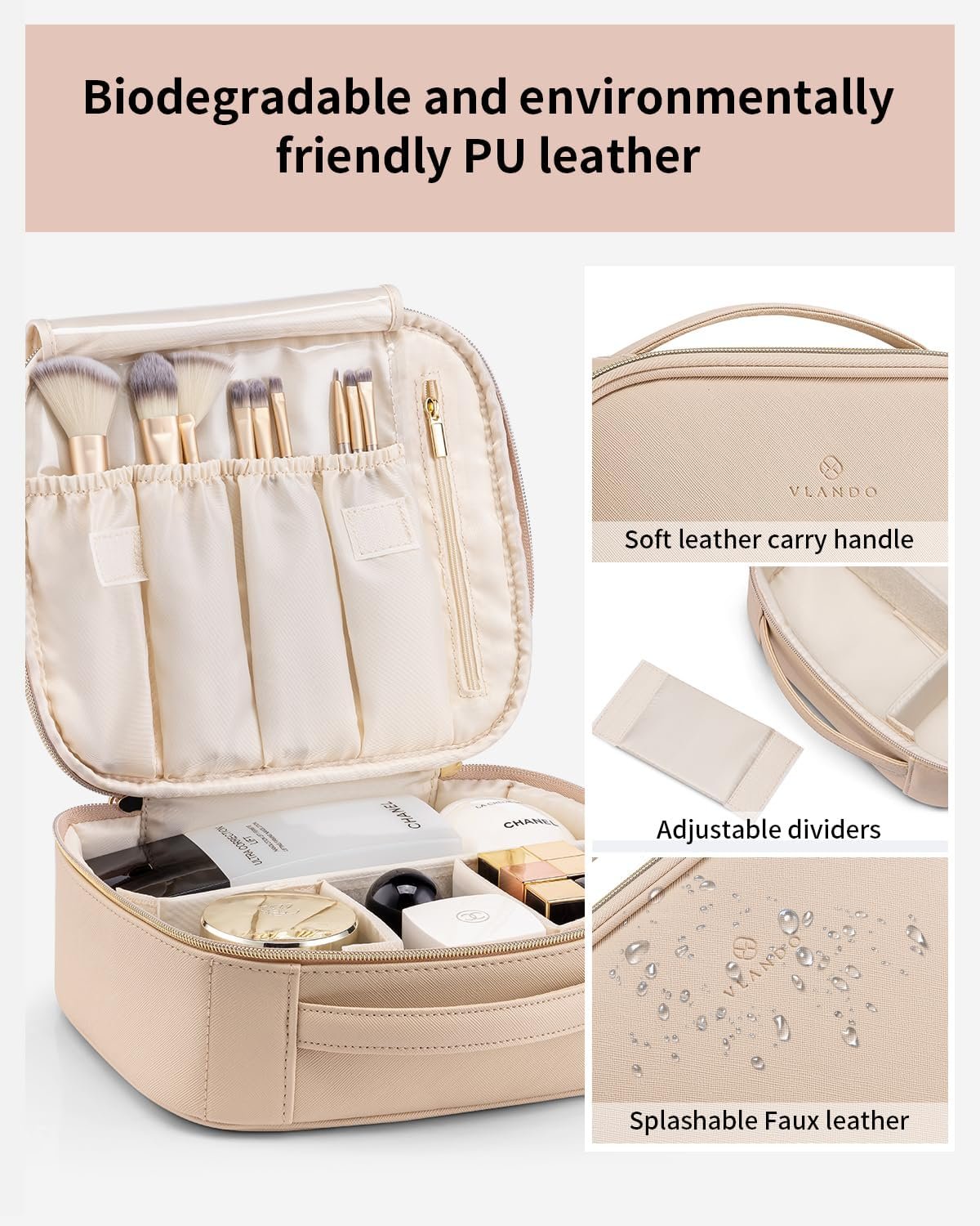 VLANDO Travel Makeup Bag for Women PU Leather Cosmetic Organizer | Large Capacity, Portable with Dividers & Handle; For Travel, Wedding, Girls & Makeup Brushes Storage - Image 2