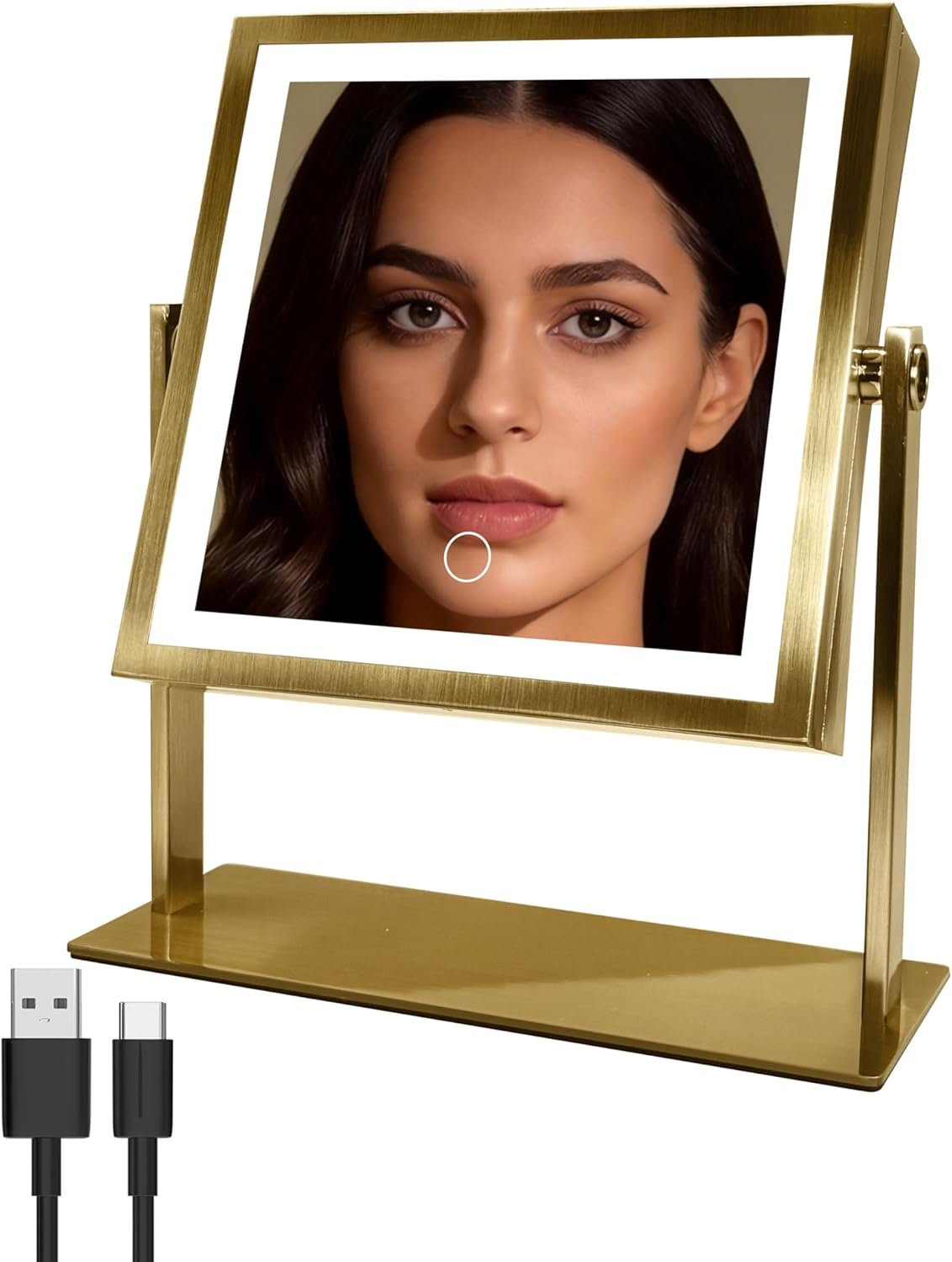 Ruacq Makeup Mirror with Lights, Dual Sided 1X/10X, Antique Brass | 8",4000mAh Rechargeable, Magnifying Mirror with 3 Color Lights,Touch Control Dimmable, 360° Rotation, Square, Gift for Women