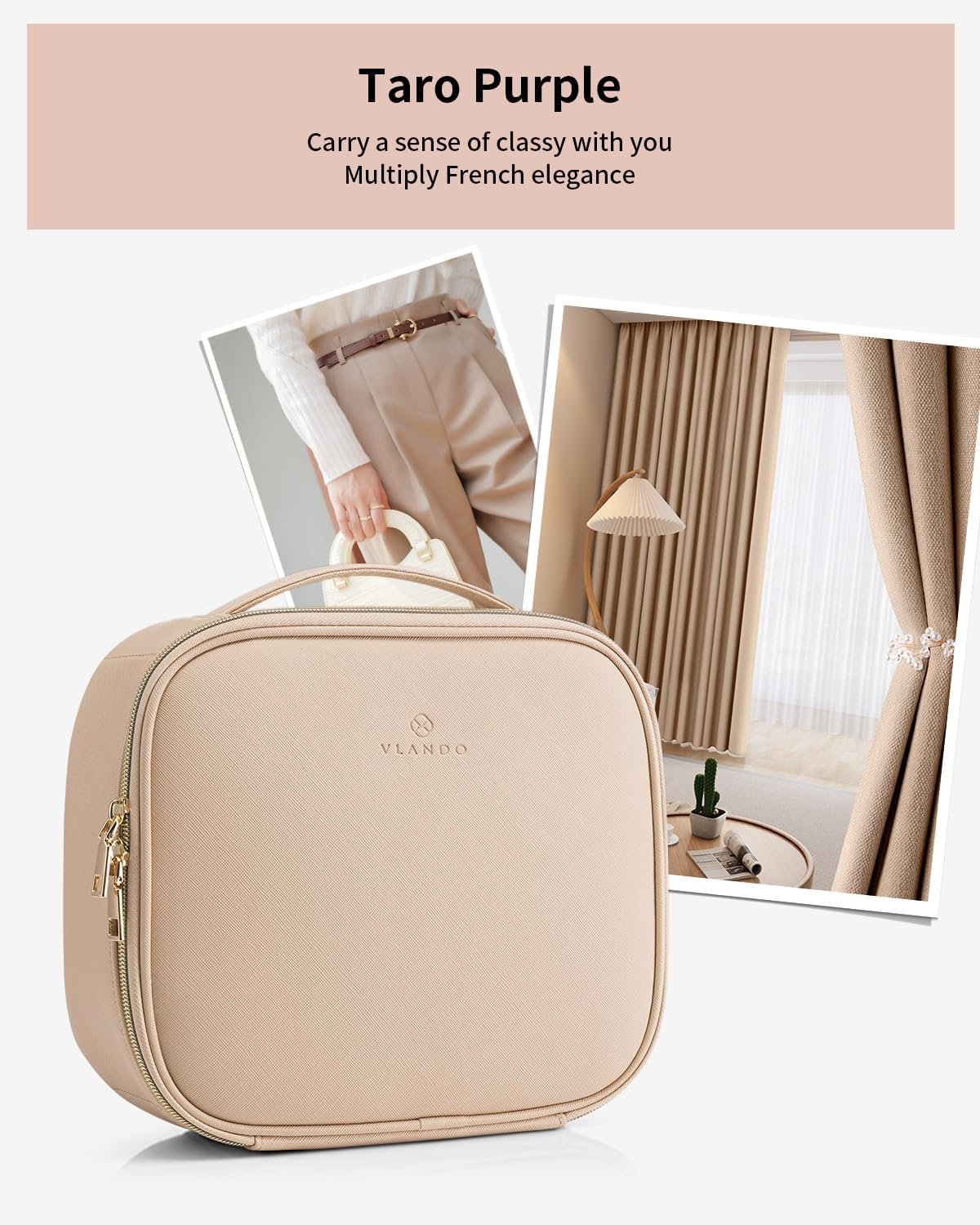 VLANDO Travel Makeup Bag for Women PU Leather Cosmetic Organizer | Large Capacity, Portable with Dividers & Handle; For Travel, Wedding, Girls & Makeup Brushes Storage - Image 3