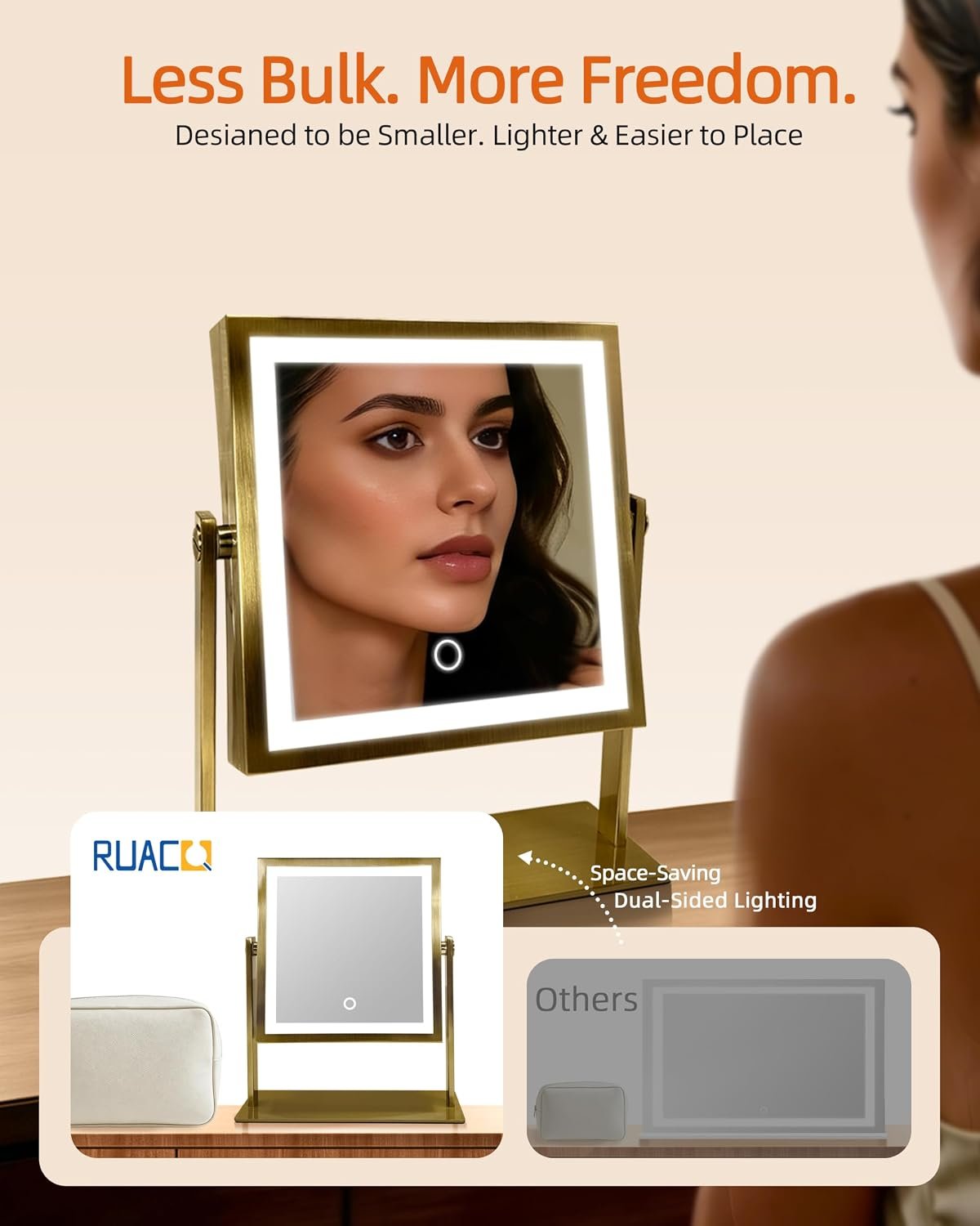 Ruacq Makeup Mirror with Lights, Dual Sided 1X/10X, Antique Brass | 8",4000mAh Rechargeable, Magnifying Mirror with 3 Color Lights,Touch Control Dimmable, 360° Rotation, Square, Gift for Women - Image 3