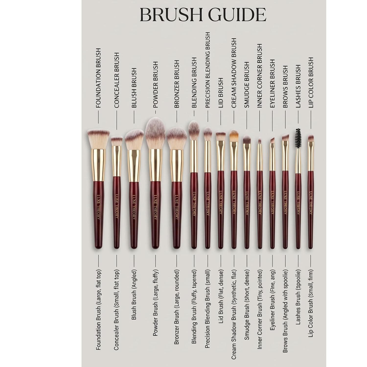 LUXE THEORY 15 Piece Luxury Makeup Brush Set with Holder, Professional Face & Eye Makeup Brushes, Wooden Handles, Ultra Dense Soft Synthetic Bristles, Burgundy & Gold - Image 6