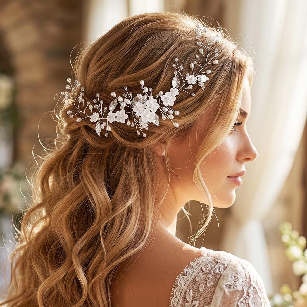 Unicra Flower Hair Vine Pearl Bridal Headpieces Wedding Hair Pieces Silver Prom Hair Accessories for Brides and Women (12.5 Inches) - Image 3