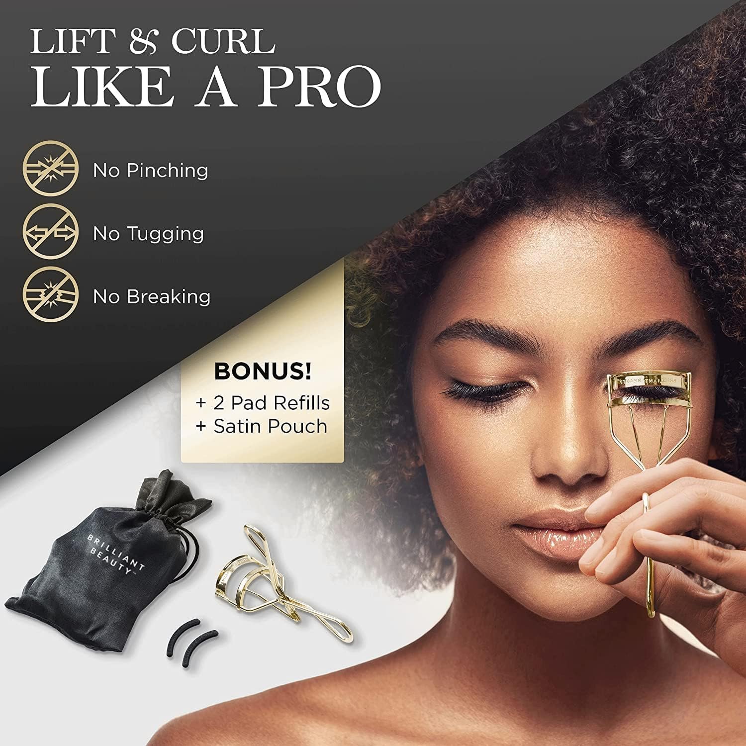 Brilliant Beauty Eyelash Curler - Satin Bag & Refill Pads, Gold | Dramatically Curled Lashes, Lash Lift in Seconds, No Pinching - Image 2