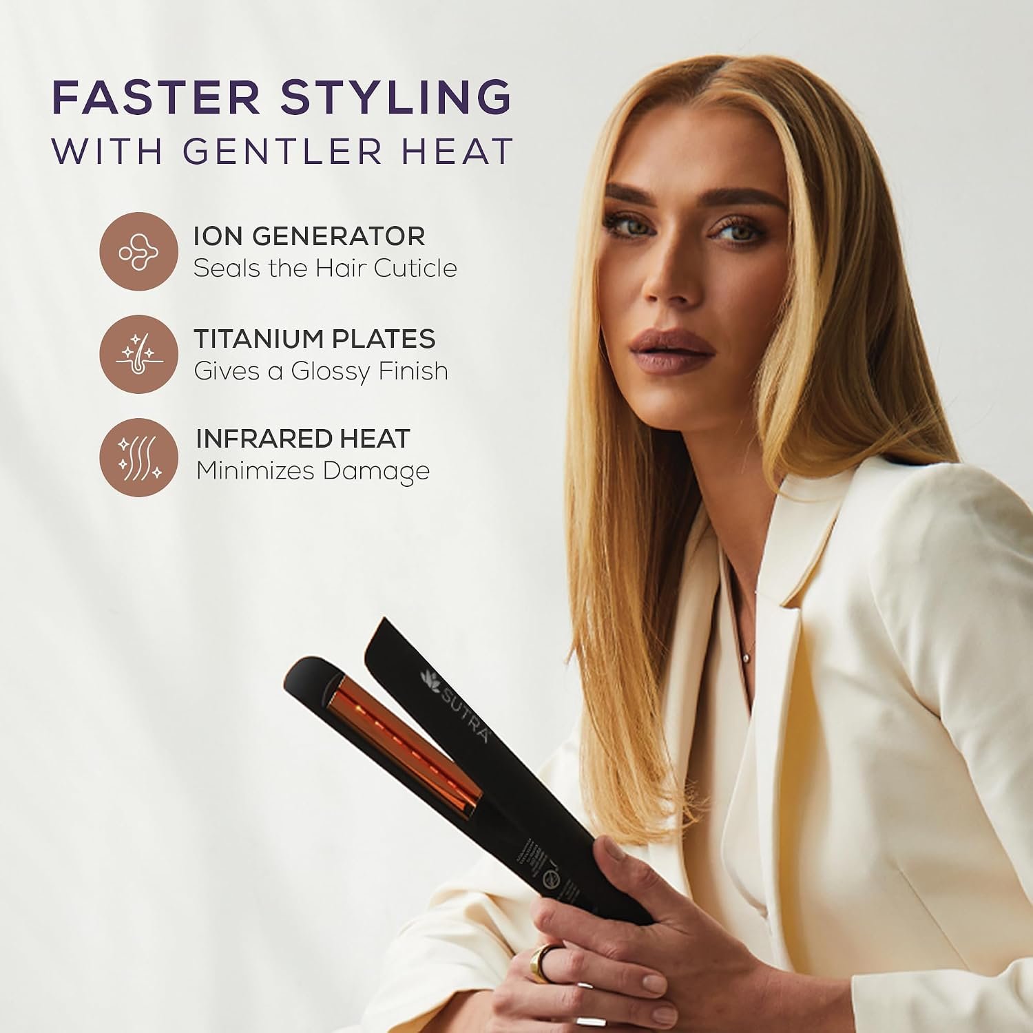 Sutra Professional IR2 Flat Iron - Ionic Infrared Hair Straightener with Adjustable Temperature, Auto Shut-Off & Swivel Cord - Straight Iron for Straightening Hair - Rose Gold Titanium Plate - Image 5
