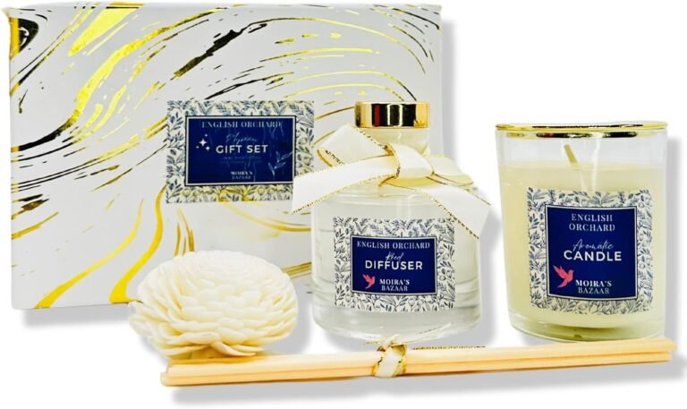 Moira's Bazaar Elysian Essence Aromatherapy Gift Set – Luxury Candle and Flower Reed Diffuser – Perfect Scented Gift for Women, Sophisticated Scent, Home & Bath Decor (English Orchard)