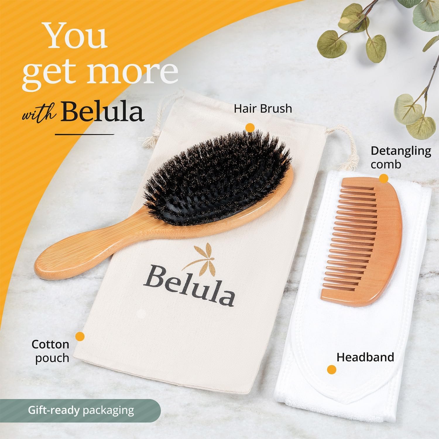 Belula 100% Boar Bristle Hair Brush Set, Medium, for Thin and Fine Hair | Soft bristles, wooden comb, travel bag, spa headband included, restores shine, distributes natural oils, boosts circulation - Image 4