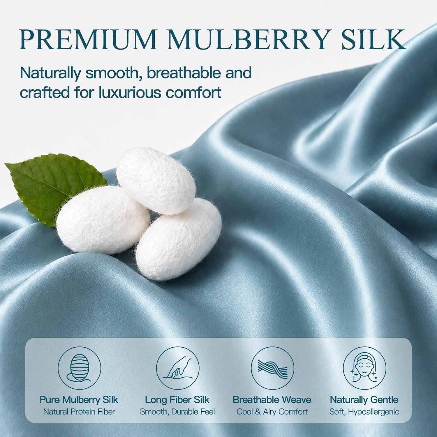 Mulberry Silk Pillow Cases for Hair and Skin, Standard, Blue Gray, 1 pc | fits 20x26 inches pillows, with Hidden Zipper, Cooling Pillowcovers for Hot Sleepers, Hypoallergenic, Smooth, Women Men Gift - Image 3