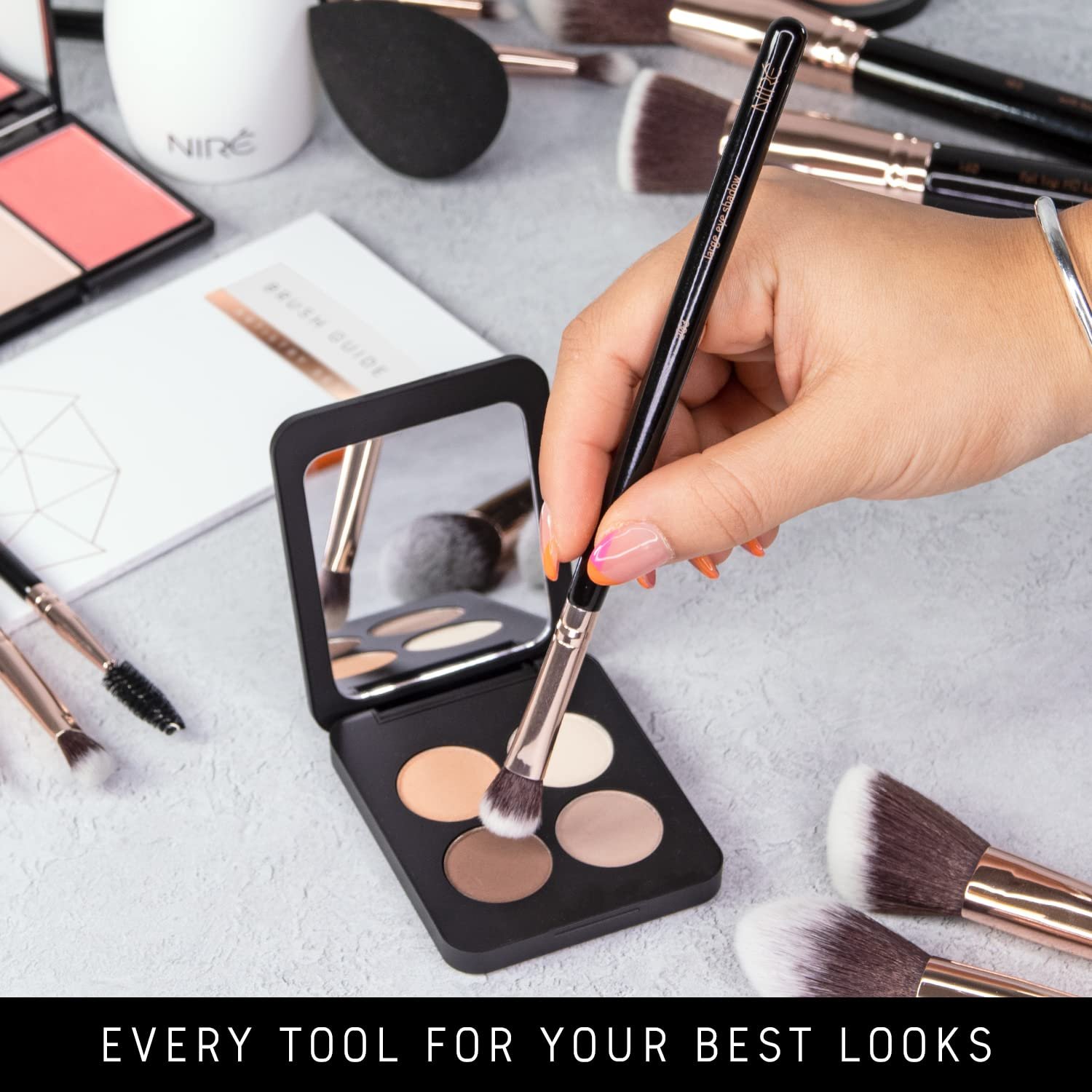 Niré Beauty Professional Makeup Brush Set, 15 Piece Black & Rose Gold | Foundation, powder, blush, blending, eyeshadow, vegan bristles, holder case, sponge, cleaner, guide - Image 6