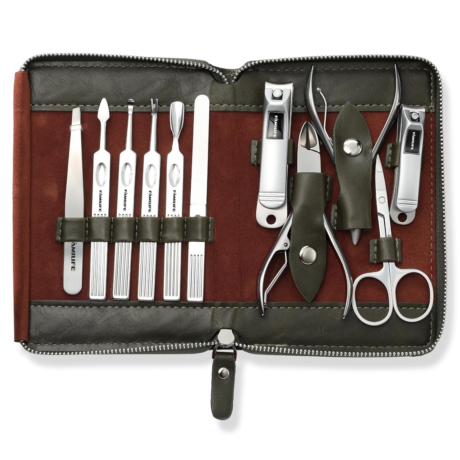 FAMILIFE Stainless Steel Manicure Set 11-in-1 Professional Nail Clipper Kit | Portable Leather Travel Case, Pedicure & Grooming Tools for Fingernails & Toenails, Luxury Gifts Set for Men & Women, Green - Image 9