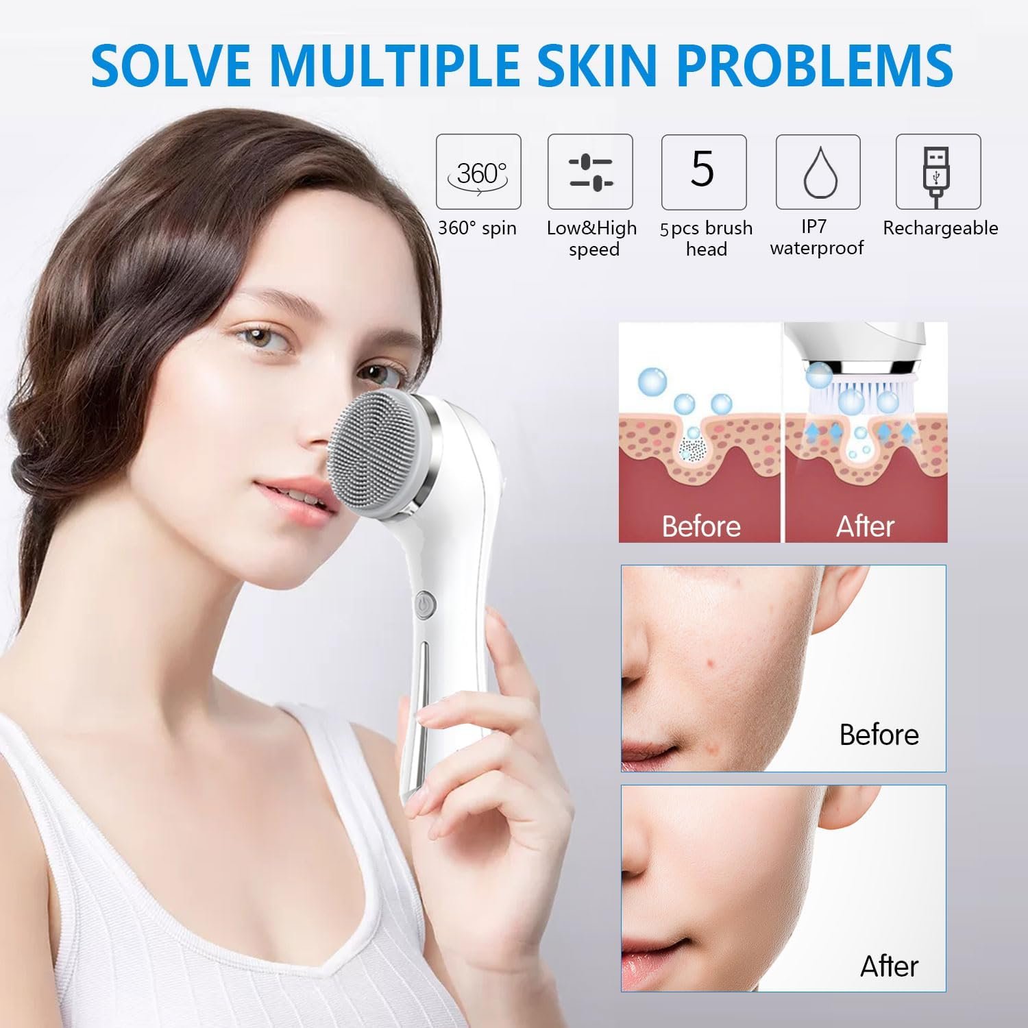 Facial Cleansing Brush, 2 in 1 Waterproof IPx7 Facial Spin Scrubber Set with 4 Brush Heads, Rechargeable Exfoliating Face Brush Deep Cleansing, Gently Exfoliate and Remove Blackhead (White) - Image 4