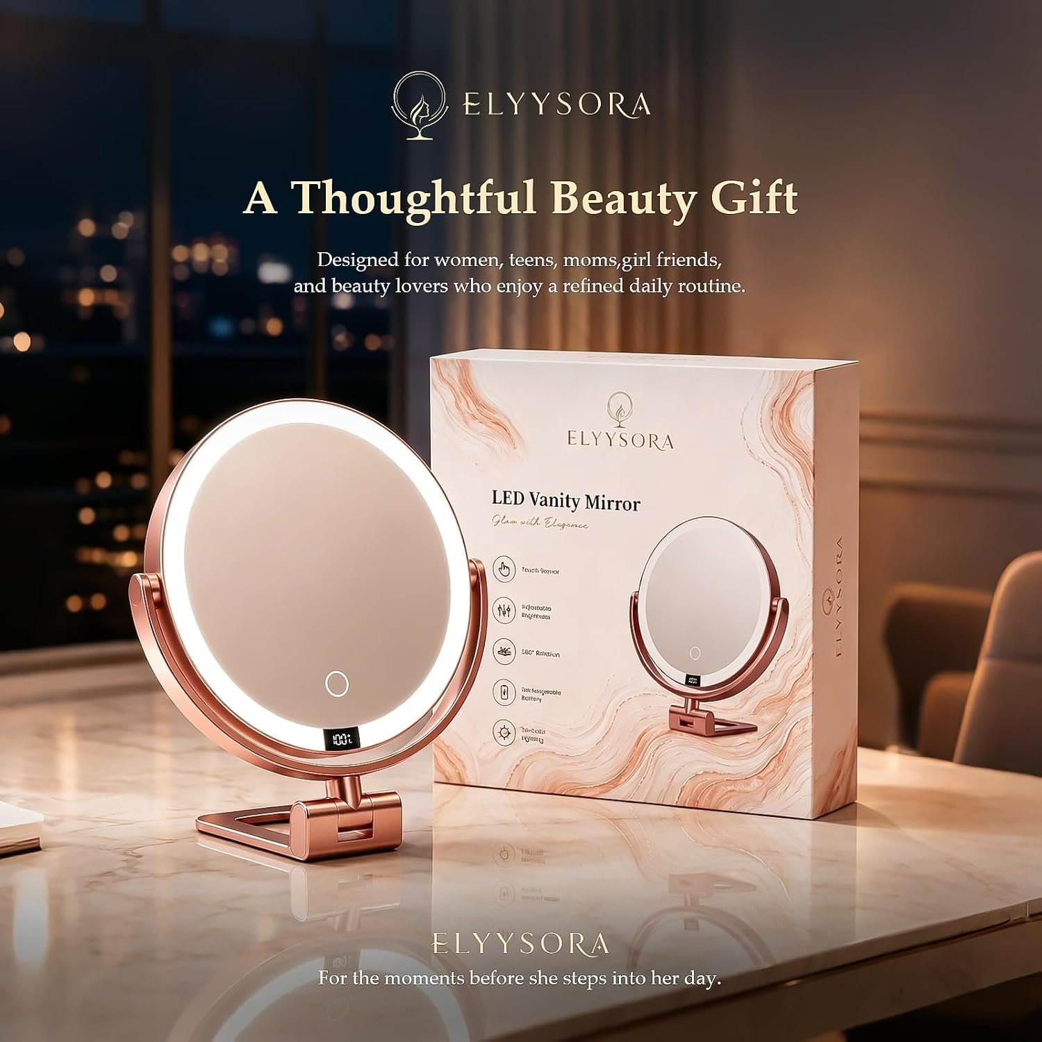 1X/30X Makeup Mirror with Lights, Magnifying Mirror (Rose Gold) | 7 in tabletop| 70 LEDs| 3 color dimming| battery display| 360 rotation| 2000mAh battery| for desk, dorm, travel, gift - Image 9