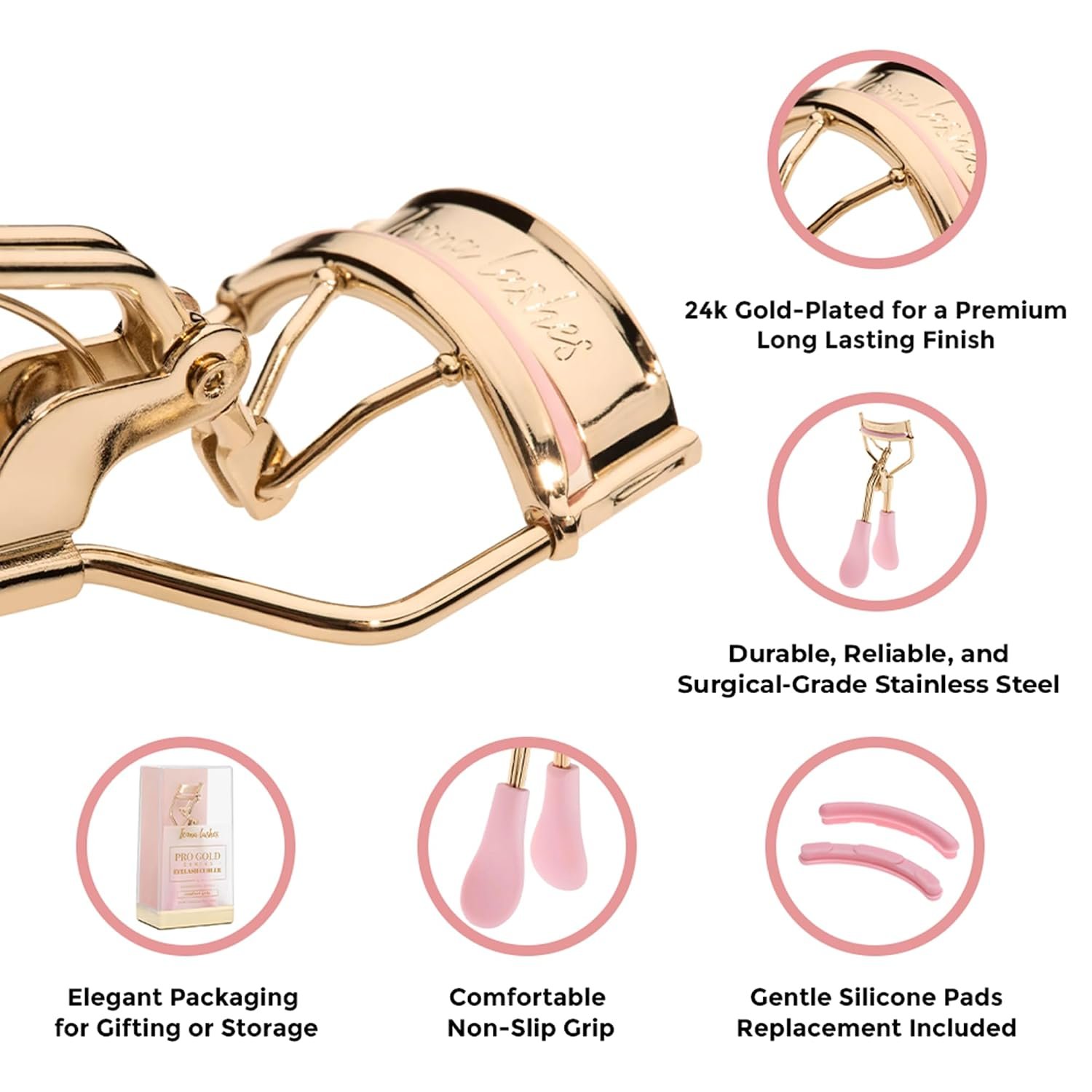 Icona Lashes Eyelash Curler - 24K Gold-Plated Stainless Steel Precision Eye Lash Curler for Lush, Luxurious Lashes - Silicone Eyelash Curler Pads, Ergonomic Cushioned Handles - With Replacement Pads - Image 3