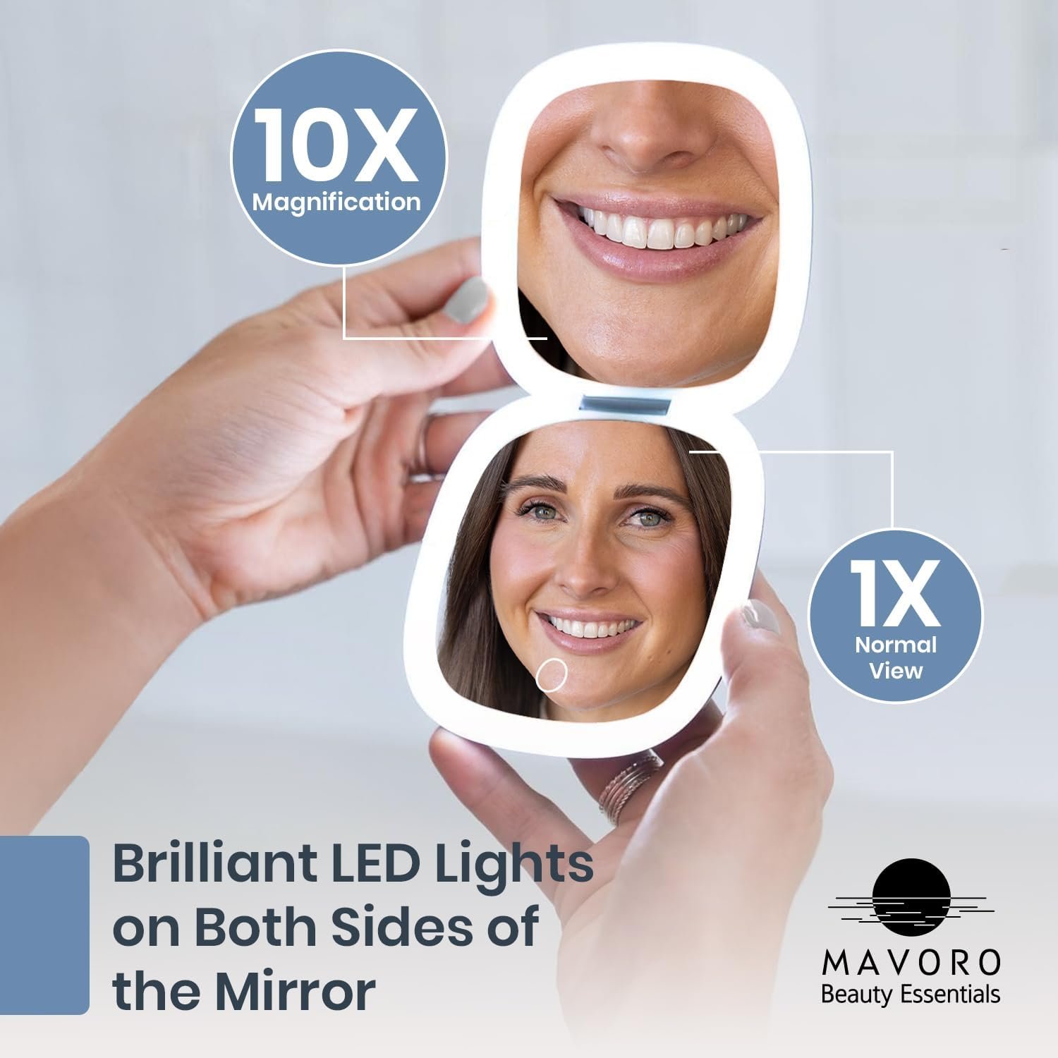 Mavoro LED Compact Makeup Mirror | 1x/10x | USB-C Charging | Arctic Sky | Touch Sensor, Dimmable 3-Mode Lighting, Natural-Looking LED Light, Plush Pouch, Compact for Travel, Purses & Handbags - Image 5