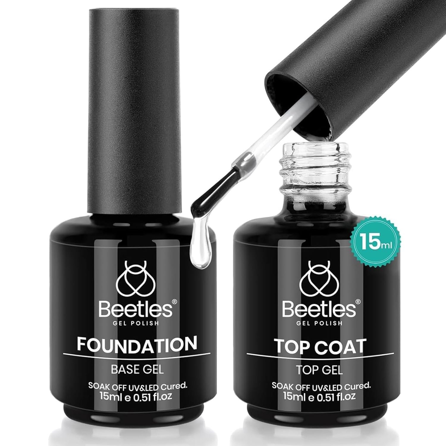 Beetles 2 Pcs 15ml No Wipe Gel Top Coat and Base Coat Set | Long Lasting Soak Off LED Nail Lamp Gel Base Top Coat Stay Lock Shine Duo Finish Nail Art Design Manicure Gifts for Women