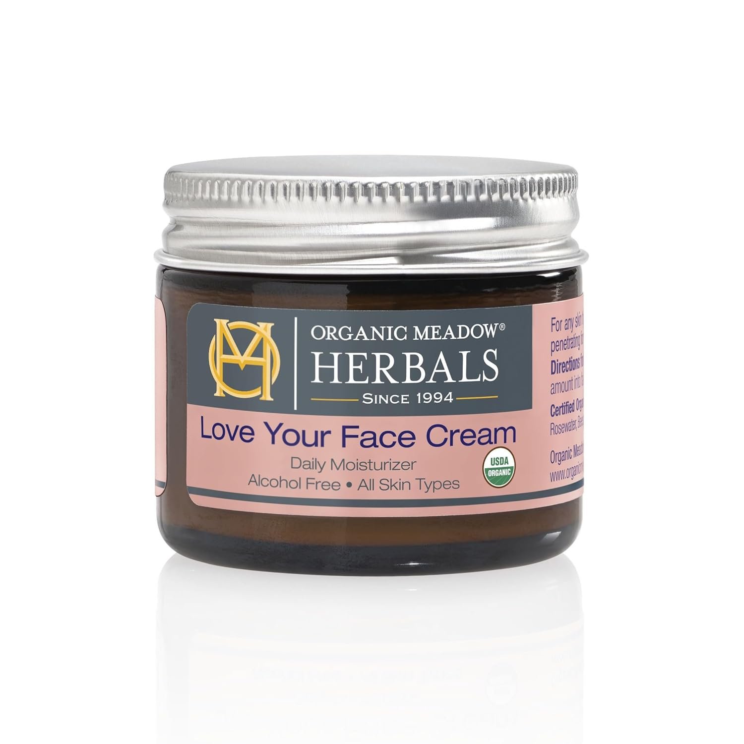 Organic Meadow Herbals Love Your Face Cream 2oz. USDA Certified Organic. Rich Facial Moisturizer for all skin types. Woman-owned & Operated Since 1994