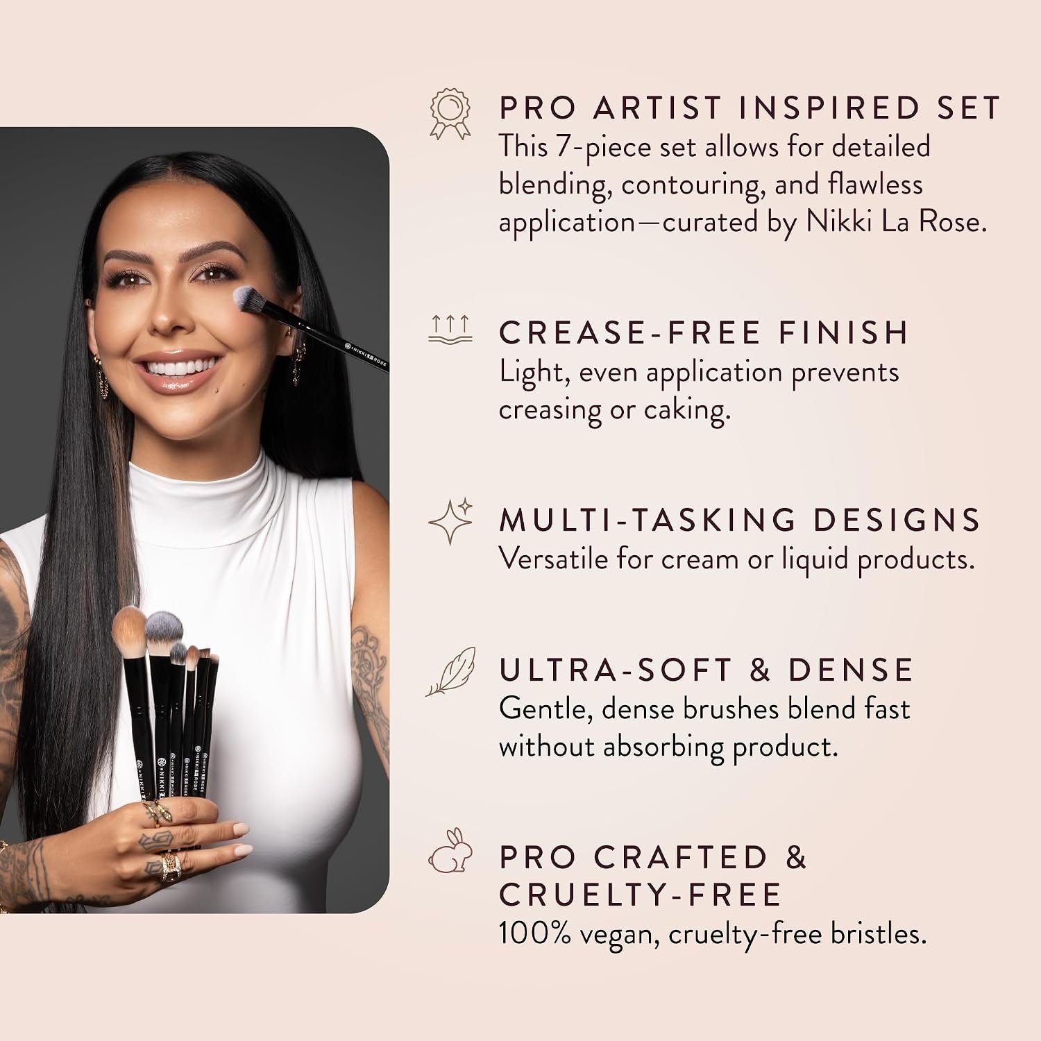 BK BEAUTY Nikki La Rose Pro Artist Makeup Brush Set, 7 Brushes | 7-piece face, eye and lip set for liner, smudging and blending. Synthetic fiber bristles, aluminum handles. - Image 3