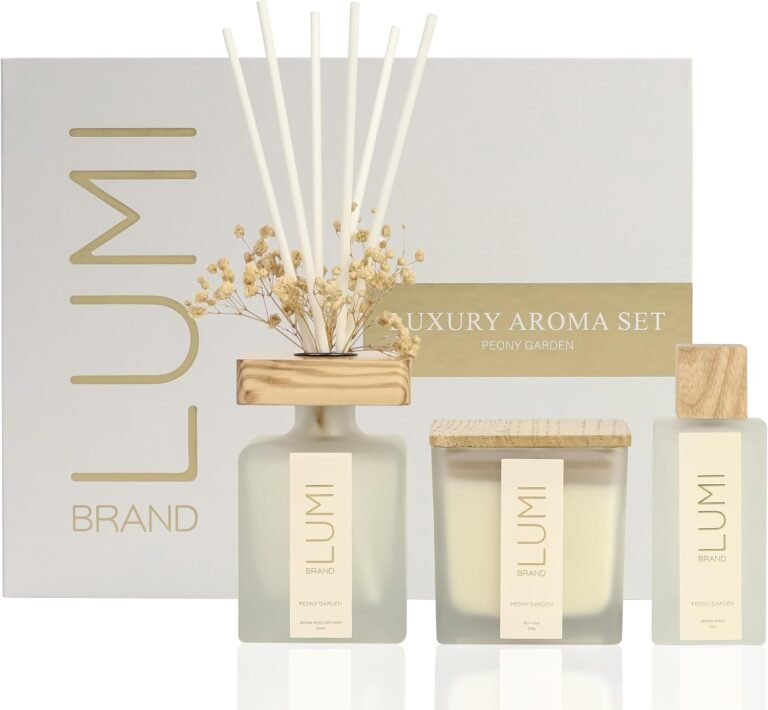 Luxury Aroma Gift Set | Peony Garden Scent - Reed Diffuser (200ml), Wood Wick Soy Candle (200g), Room Spray (50ml) | Includes Dried Flowers & 8 Reeds | Luxurious Fragrance for Home Décor | Great Gifts