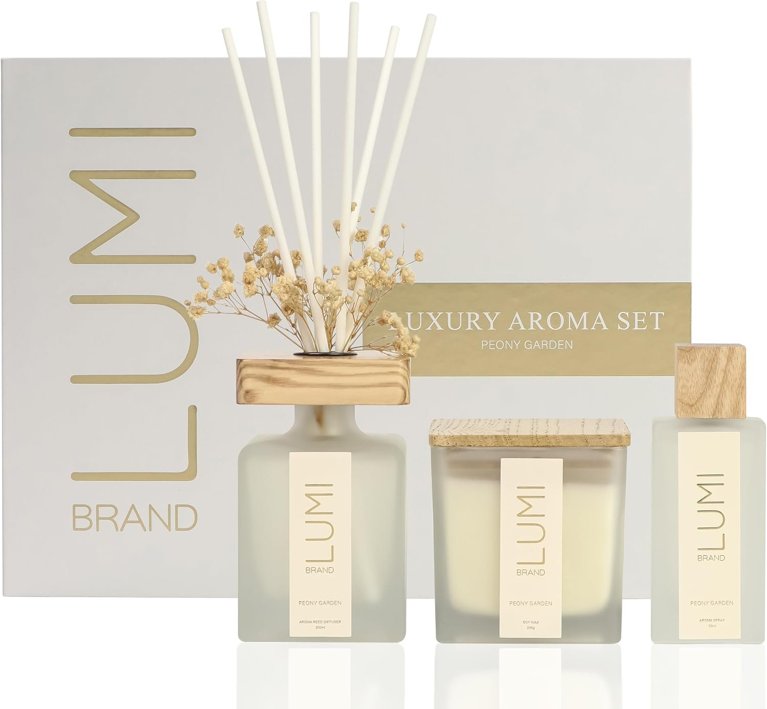 Luxury Aroma Gift Set | Peony Garden Scent - Reed Diffuser (200ml), Wood Wick Soy Candle (200g), Room Spray (50ml) | Includes Dried Flowers & 8 Reeds | Luxurious Fragrance for Home Décor | Great Gifts