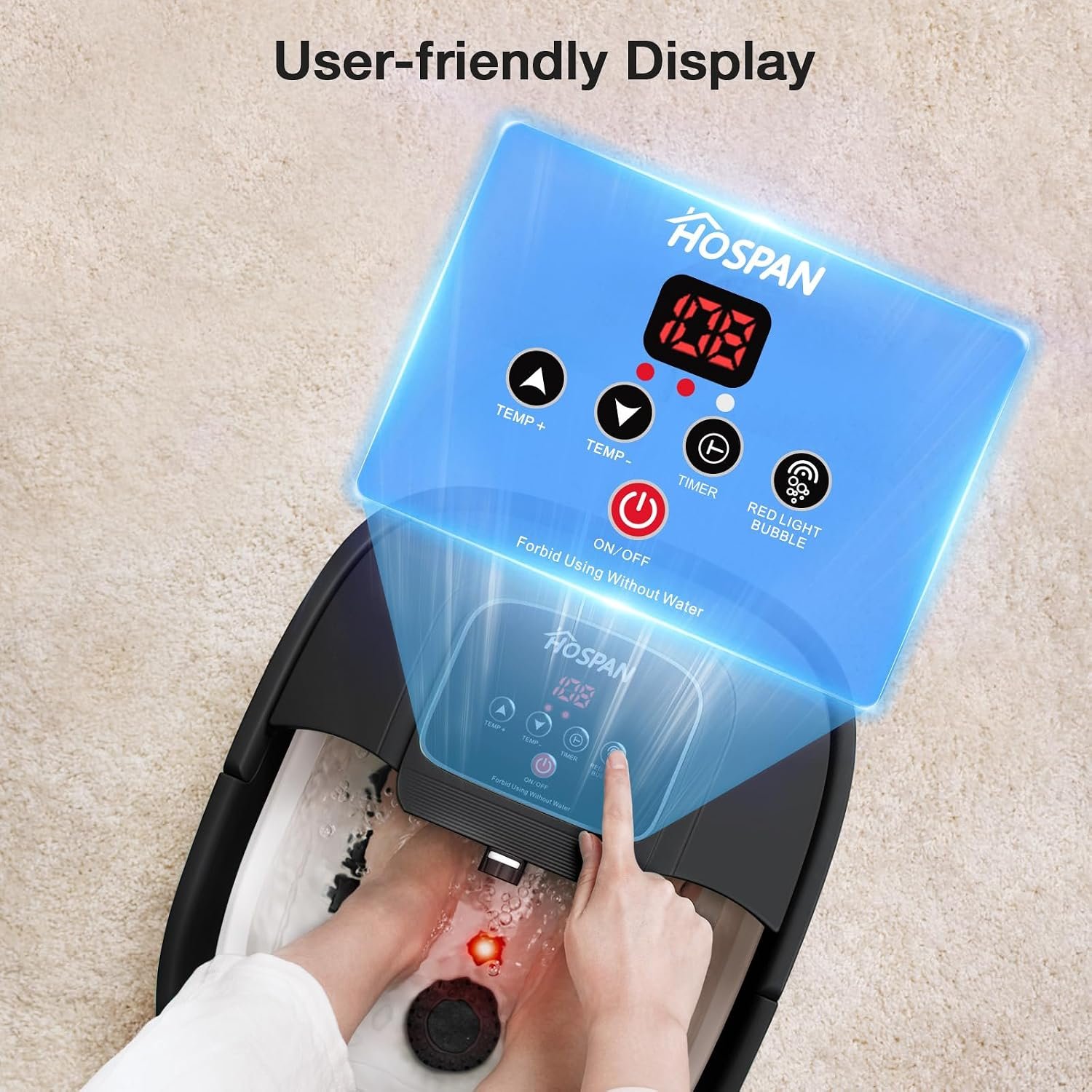 HOSPAN Collapsible Foot Spa, Foot Bath Massager with Heat, Bubble & Massage | 8 Shiatsu Rollers, 95°F-118°F Temp Control, Red Light, Handle, Space-Saving Collapsible Design, for Stress Relief - Image 7