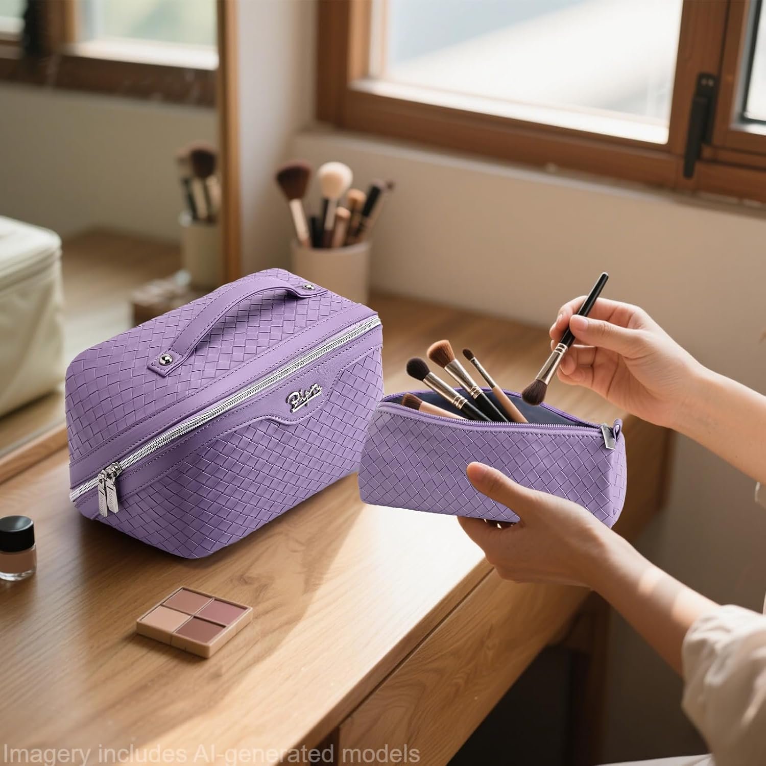 BOYATU Travel Makeup Bag Cosmetic Bags for Women: 3 Pcs Set Make up Bag | Large Capacity Waterproof Vegan Leather Organizer Bags with Compartments - Lay flat Toiletry with Handle (L01 Purple) - Image 8