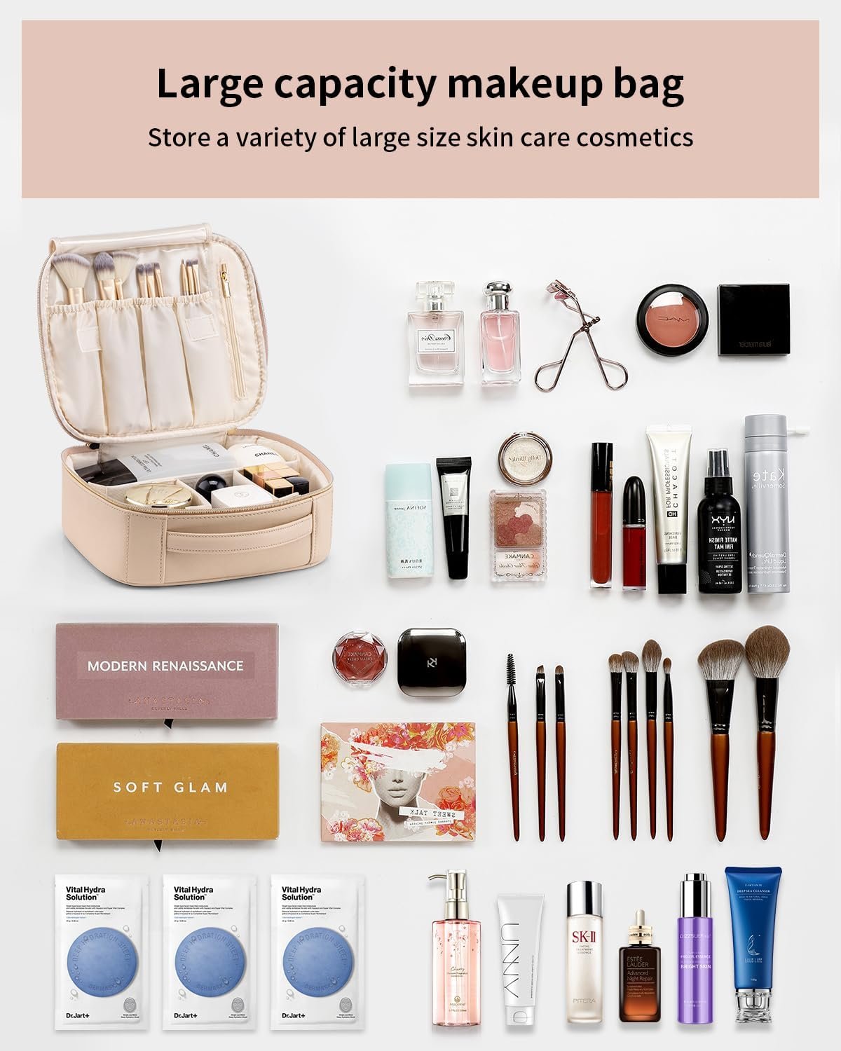 VLANDO Travel Makeup Bag for Women PU Leather Cosmetic Organizer | Large Capacity, Portable with Dividers & Handle; For Travel, Wedding, Girls & Makeup Brushes Storage - Image 5