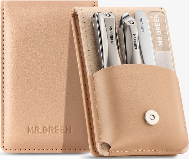 MR.GREEN 4Pcs Nail Clipper Set, Anti-Splash Upgraded Nail Clippers Kit | German Stainless Steel, Nail File+Tweezers Included, Unique Catcher, Exquisite Leather Case, for Men Women Home Travel Gift