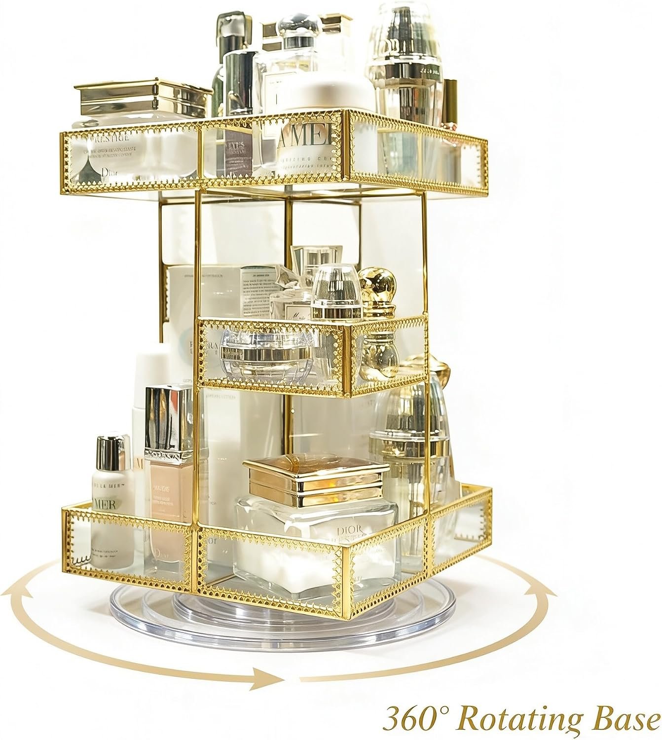 360° Rotating Glass Makeup Organizer, 3-Tier Cosmetic Holder | Antique Lace Design, Vanity Storage Tray, Large Capacity, For Perfume, Skincare Bottles, Lipsticks & Brushes - Image 5