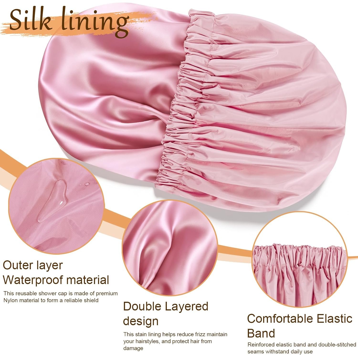 Shower Cap for Women, Reusable Waterproof Satin Lined Shower Cap | Large Shower Cap for Women, Satin Lined Bath Caps with Soft Elastic Band, Washable Reusable Waterproof Shower Bonnet - Image 3