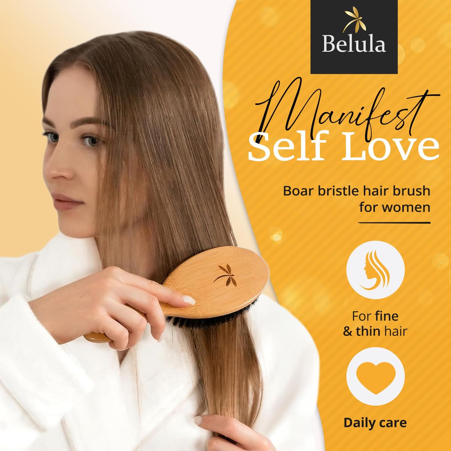 Belula 100% Boar Bristle Hair Brush Set, Medium, for Thin and Fine Hair | Soft bristles, wooden comb, travel bag, spa headband included, restores shine, distributes natural oils, boosts circulation - Image 3