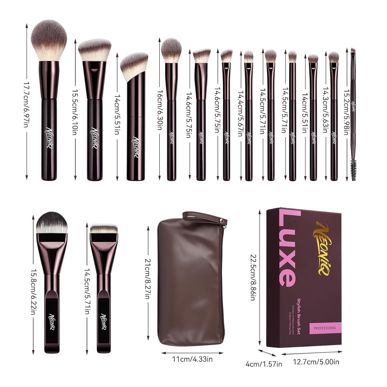 14 PCS Professional Makeup Brushes Set with Travel Cosmetic Bag(Brown) | Luxe Soft Synthetic Face & Eye Makeup Brush Kit for Foundation, Powder, Blush, Concealer, Eyeshadow, Contour, Eyebrow - Image 8