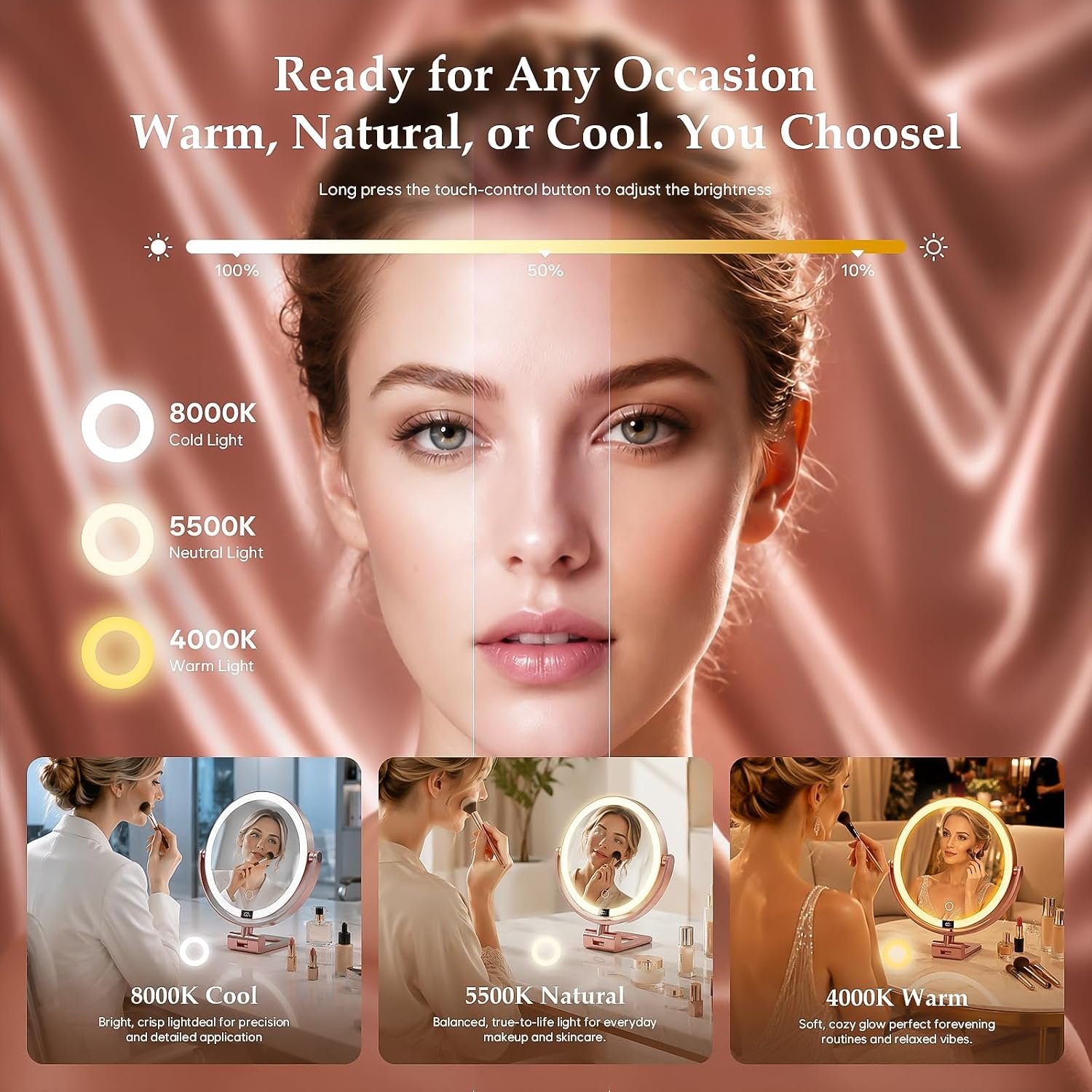 1X/30X Makeup Mirror with Lights, Magnifying Mirror (Rose Gold) | 7 in tabletop| 70 LEDs| 3 color dimming| battery display| 360 rotation| 2000mAh battery| for desk, dorm, travel, gift - Image 3