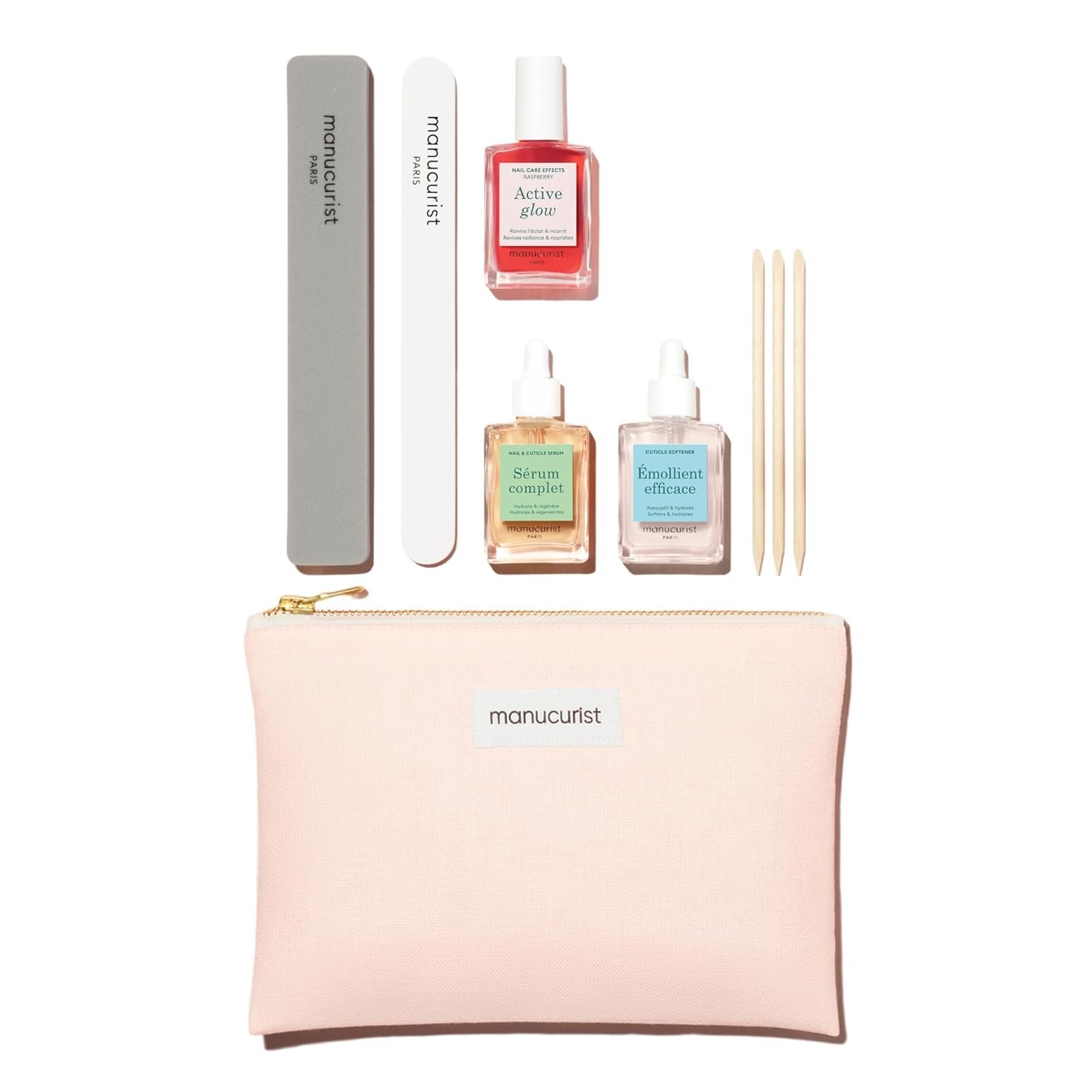 Manucurist Active Glow Nail Care Kit Manicure Set Made in France | Nail Care Kit with Active Glow, Complete Serum, Nail File, Buffer, Cuticle Remover & 3 Wood Cuticle Pushers