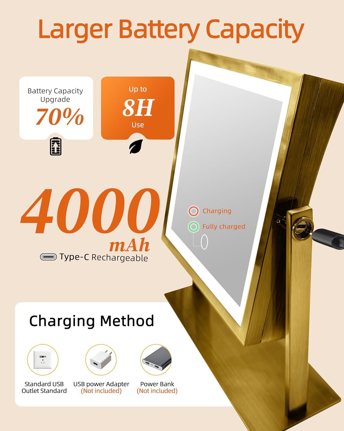 Ruacq Makeup Mirror with Lights, Dual Sided 1X/10X, Antique Brass | 8",4000mAh Rechargeable, Magnifying Mirror with 3 Color Lights,Touch Control Dimmable, 360° Rotation, Square, Gift for Women - Image 6