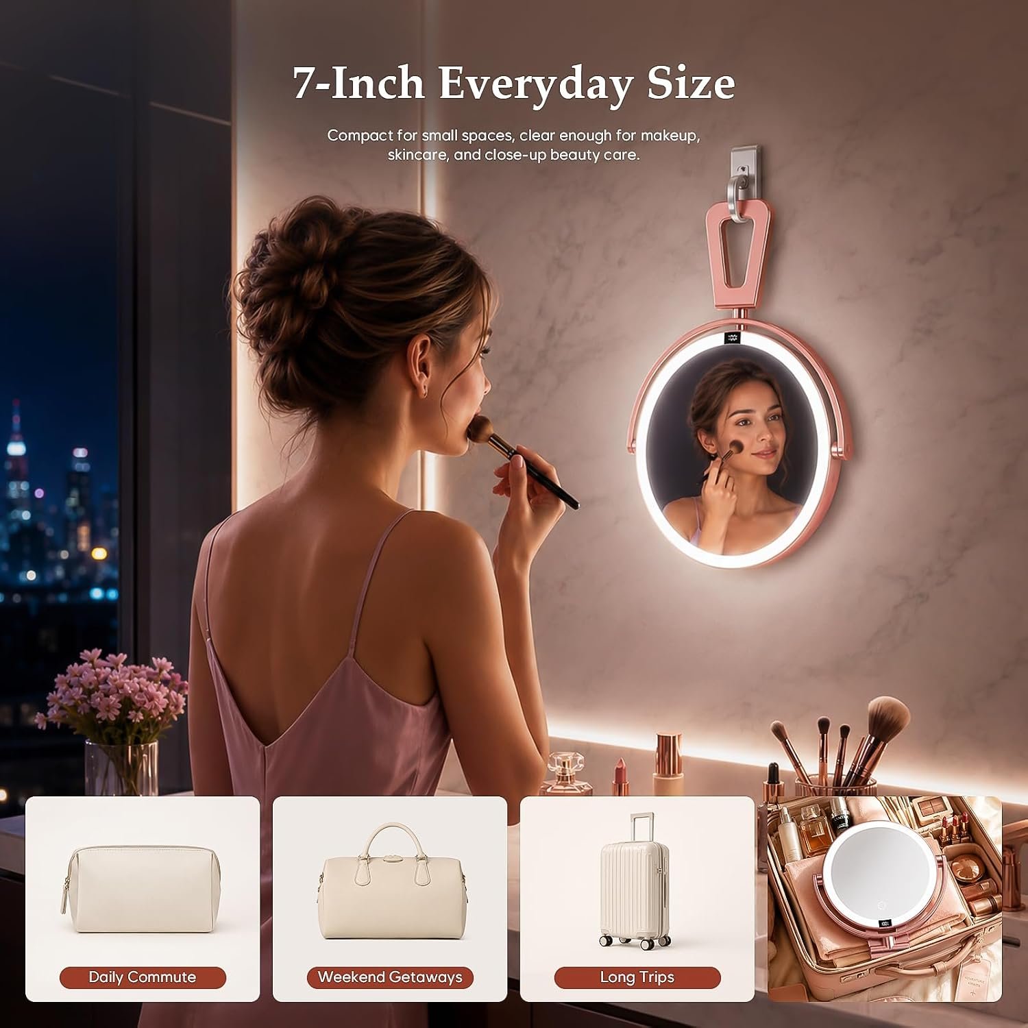 1X/30X Makeup Mirror with Lights, Magnifying Mirror (Rose Gold) | 7 in tabletop| 70 LEDs| 3 color dimming| battery display| 360 rotation| 2000mAh battery| for desk, dorm, travel, gift - Image 7