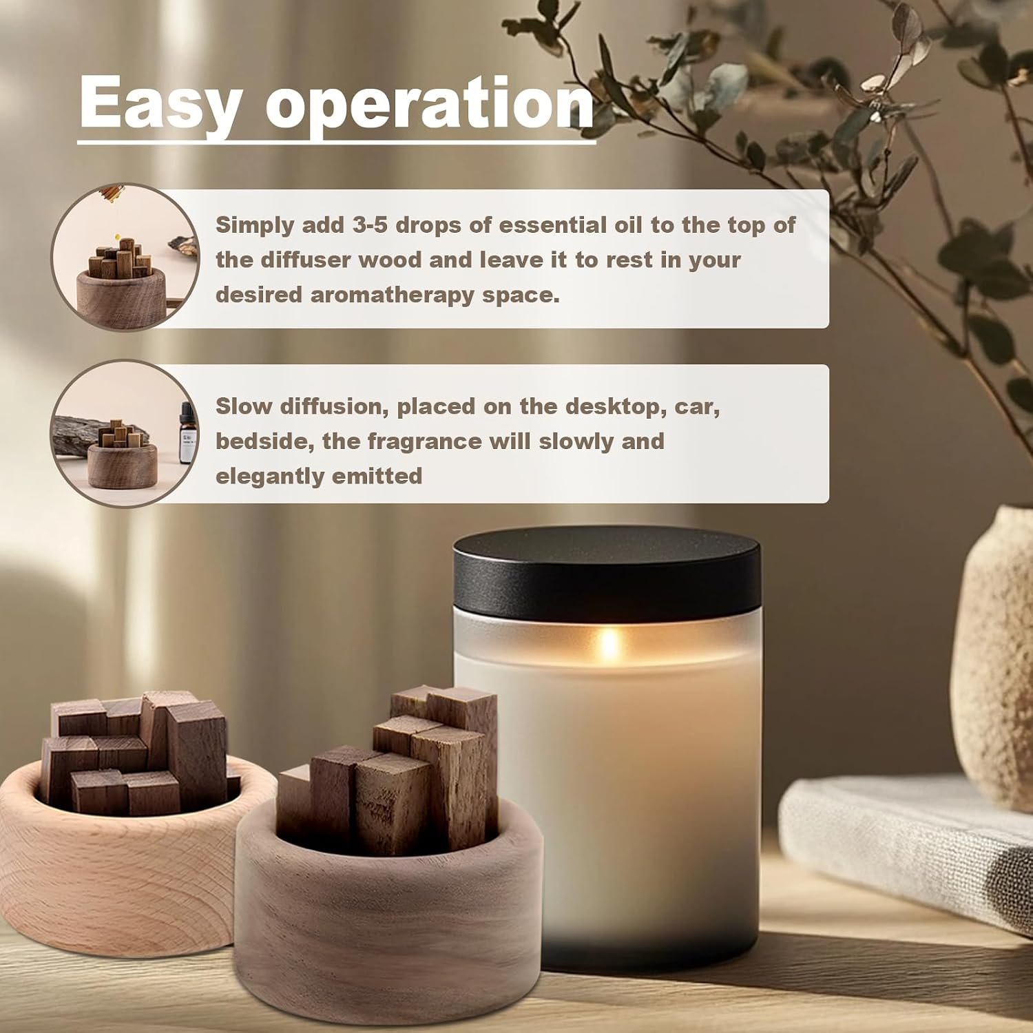 3 Pieces Wood Diffuser for Essential Oils, Aromatherapy Diffuser Black Walnut Wood for Home Office Bedroom Car - Image 5
