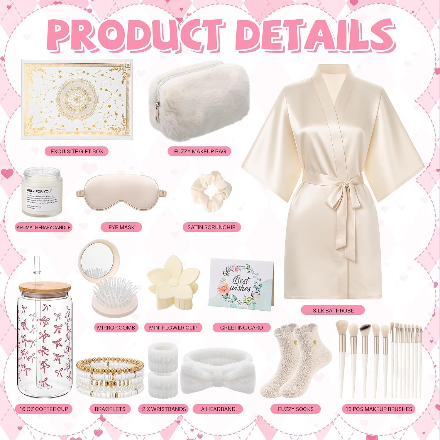 Shyyween 15 Pcs Birthday Gifts for Women Robe Sets for Women Spa Basket Set Graduation Gifts Bath Robe Make up Brushes Scented Candle Fluffy Socks Coffee Cup for Mom Nurse Girlfriend Wife(Champagne) - Image 2