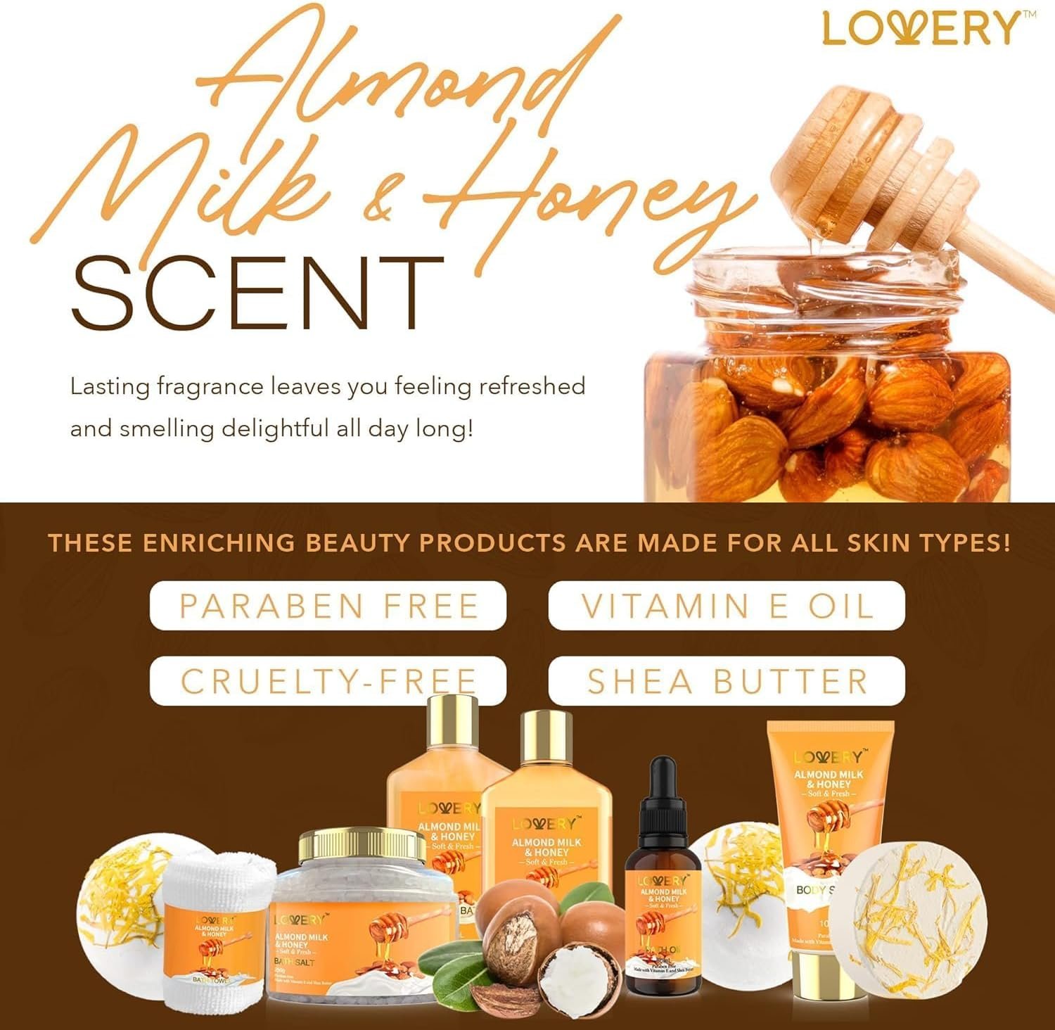 Gifts for Women Gift Basket for Women - 10 Pc Almond Milk & Honey Beauty & Personal Care Set - Home Bath Pampering Package for Relaxing - Spa Self Care Kit - Birthday, Mom, Anniversary Gift - Image 5
