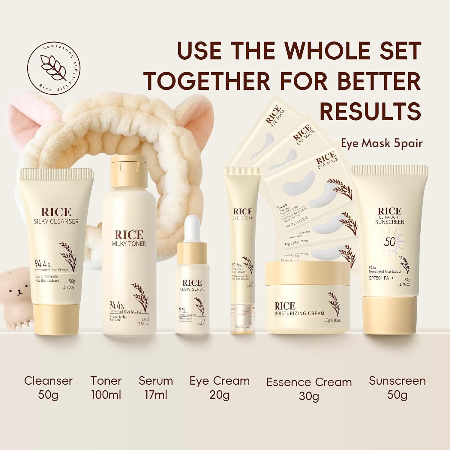 15PC Luxury Rice Korean Skin Care Set Gift Kit for Women, Glass Skin | Luxury rice skincare gift set with cleanser, toner, serum, sunscreen, eye masks, brush, headband, bag & card for glass glow - Image 4