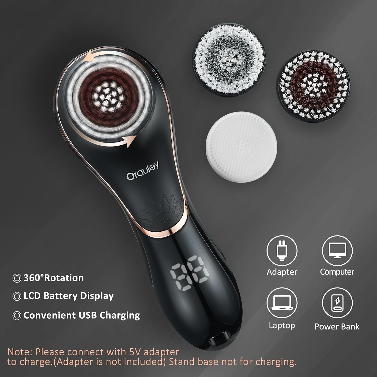 Facial Cleansing Brush, Electric Face Scrubber Rechargeable Exfoliator IPX-7 Waterproof Rotating Cleanser for Exfoliating, Massaging and Deep Cleansing for Women & Men with 4 Brush Heads Black | Rechargeable Exfoliator, Massaging and Deep Cleansing for Women & Men, 4 Brush Heads, Black - Image 4