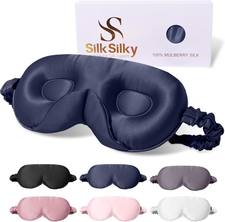 SilkSilky 100% 22 Momme Mulberry Silk Sleep Mask, Dark Blue | Upgraded 3D Contoured Eye Mask with Nose Wing Pads & Adjustable Strap, Luxury Blackout Eye Cover for Women & Men