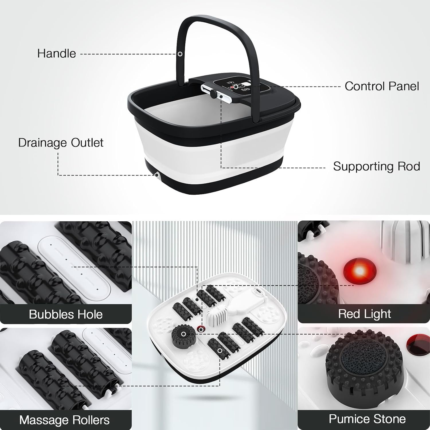 HOSPAN Collapsible Foot Spa, Foot Bath Massager with Heat, Bubble & Massage | 8 Shiatsu Rollers, 95°F-118°F Temp Control, Red Light, Handle, Space-Saving Collapsible Design, for Stress Relief - Image 6