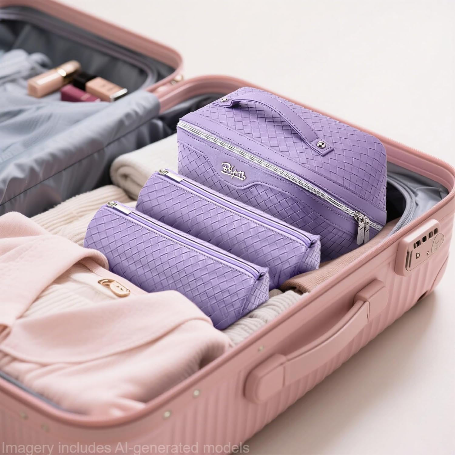 BOYATU Travel Makeup Bag Cosmetic Bags for Women: 3 Pcs Set Make up Bag | Large Capacity Waterproof Vegan Leather Organizer Bags with Compartments - Lay flat Toiletry with Handle (L01 Purple) - Image 9