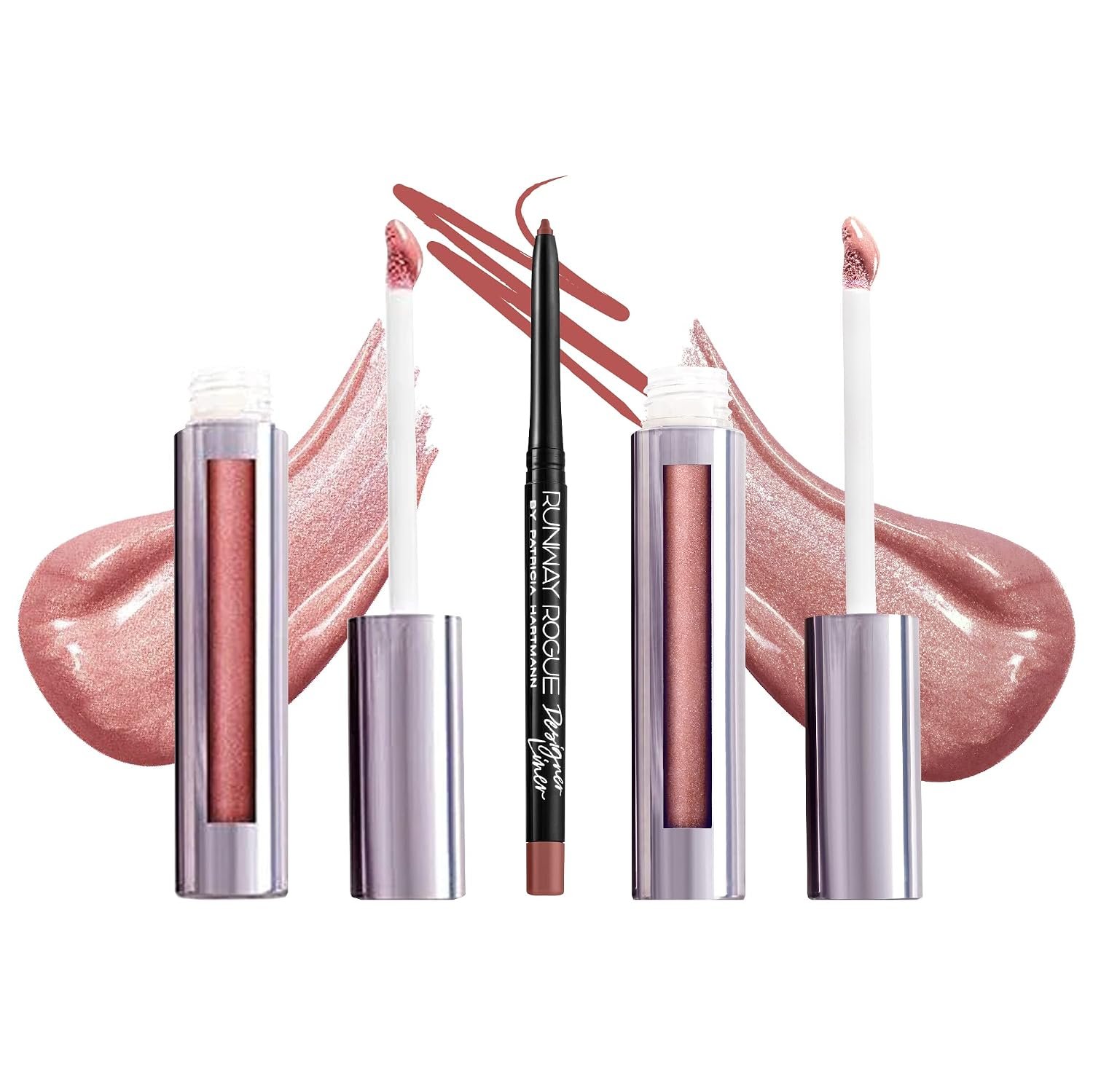 Runway Rogue Hydrating Shimmer Lip Gloss Kit, 3 High-Pigment Shades | LuxGloss Kit, vegan, cruelty-free, ‘Strike a Pose’ and ‘Fashion Week’ Lip Gloss, ‘Work It Babe’ Matte Lip Liner Pencil