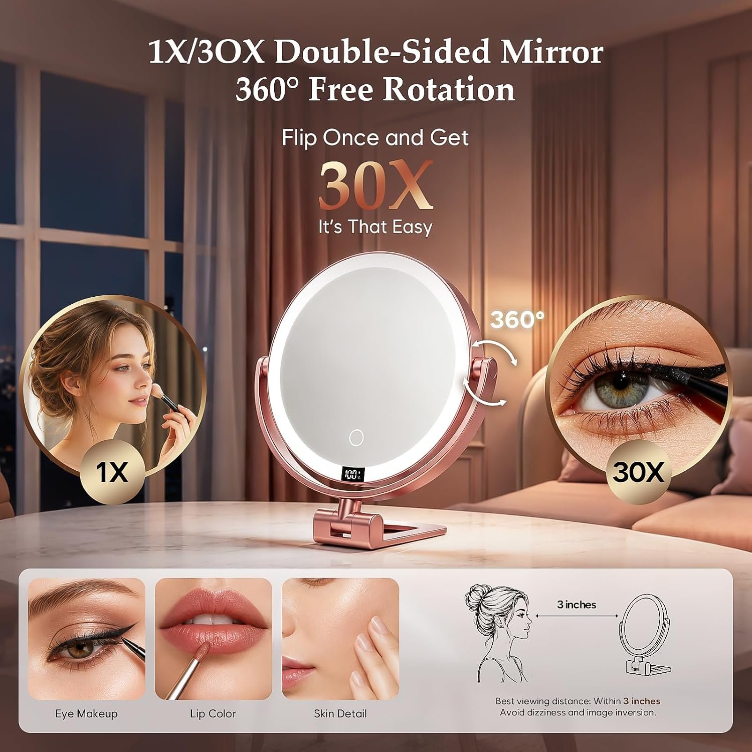 1X/30X Makeup Mirror with Lights, Magnifying Mirror (Rose Gold) | 7 in tabletop| 70 LEDs| 3 color dimming| battery display| 360 rotation| 2000mAh battery| for desk, dorm, travel, gift - Image 4