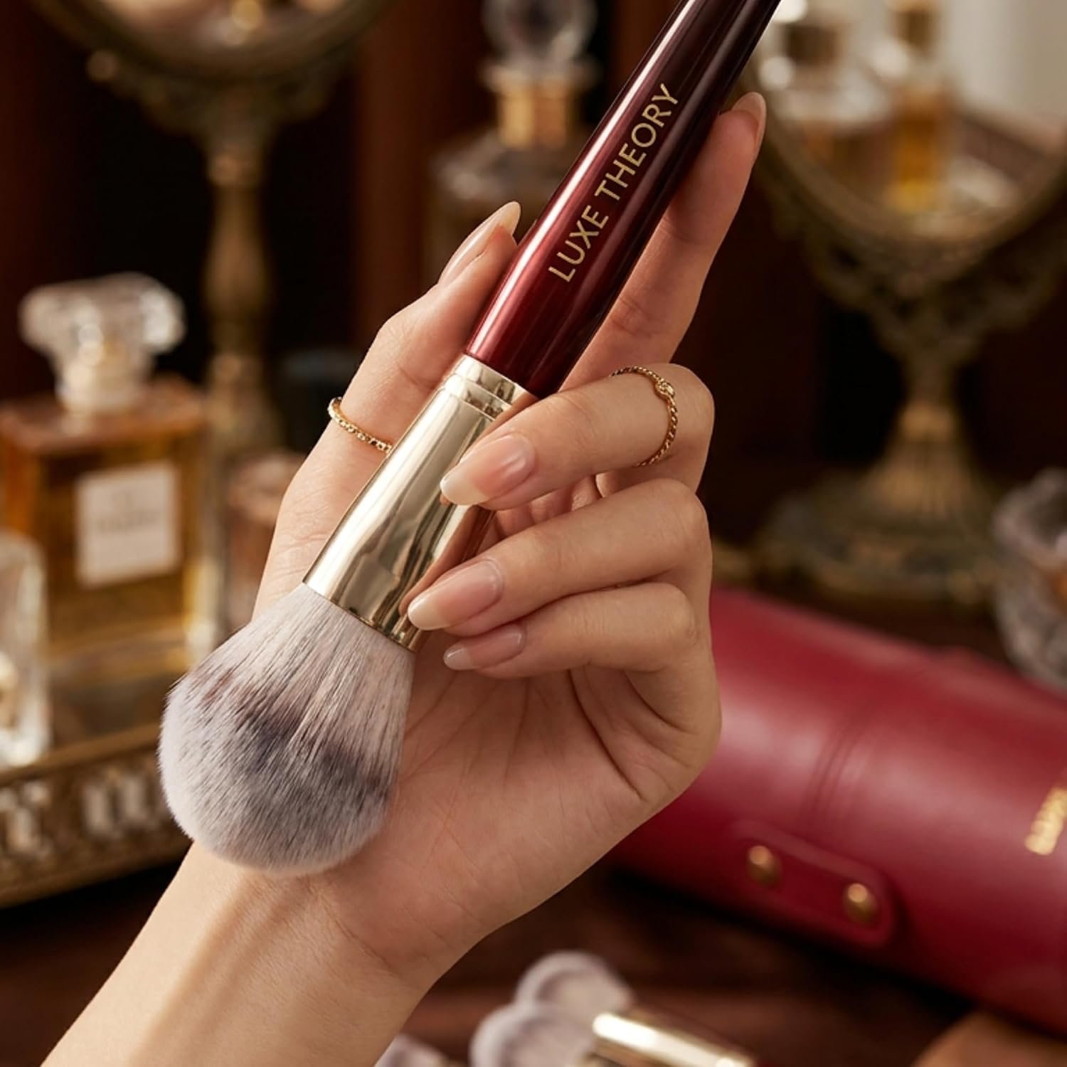 LUXE THEORY 15 Piece Luxury Makeup Brush Set with Holder, Professional Face & Eye Makeup Brushes, Wooden Handles, Ultra Dense Soft Synthetic Bristles, Burgundy & Gold - Image 5