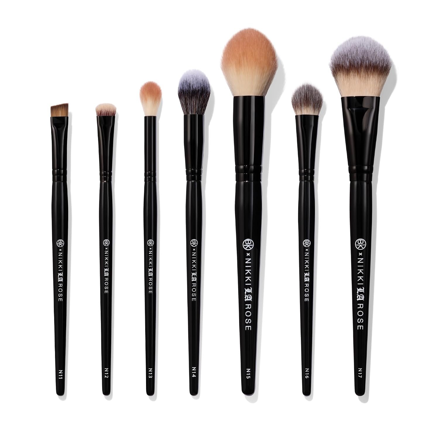 BK BEAUTY Nikki La Rose Pro Artist Makeup Brush Set, 7 Brushes | 7-piece face, eye and lip set for liner, smudging and blending. Synthetic fiber bristles, aluminum handles.