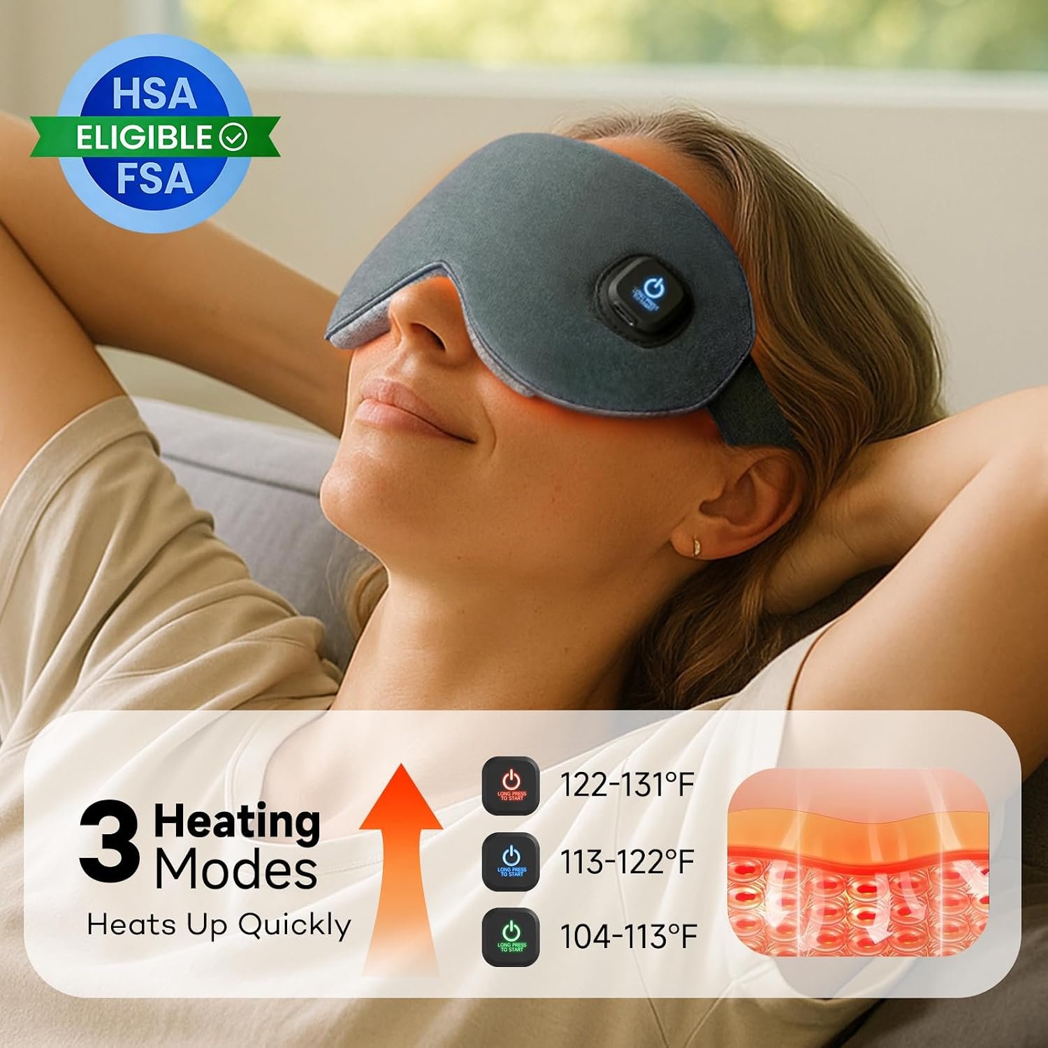 Ezona Heated Eye Mask, Cotton Cordless Warm Eye Compress Mask for Dry Eyes | Dry Eye Mask for Blepharitis & Sinus Migraine, Temperature & Timer Control for Travel, 10W Charger, Washable Cover, Gray - Image 4
