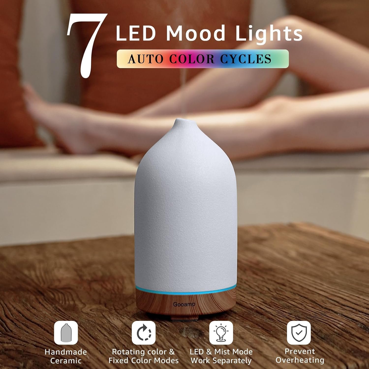 Gooamp 200ML Ceramic Essential Oil Diffuser for Home, Stone Diffuser | Ultrasonic Aromatherapy Diffuser & Air Humidifier for Bedroom, Office, Yoga, 7 LED Lights, Auto Shut-Off, 3 Timers,Wood Grain - Image 3