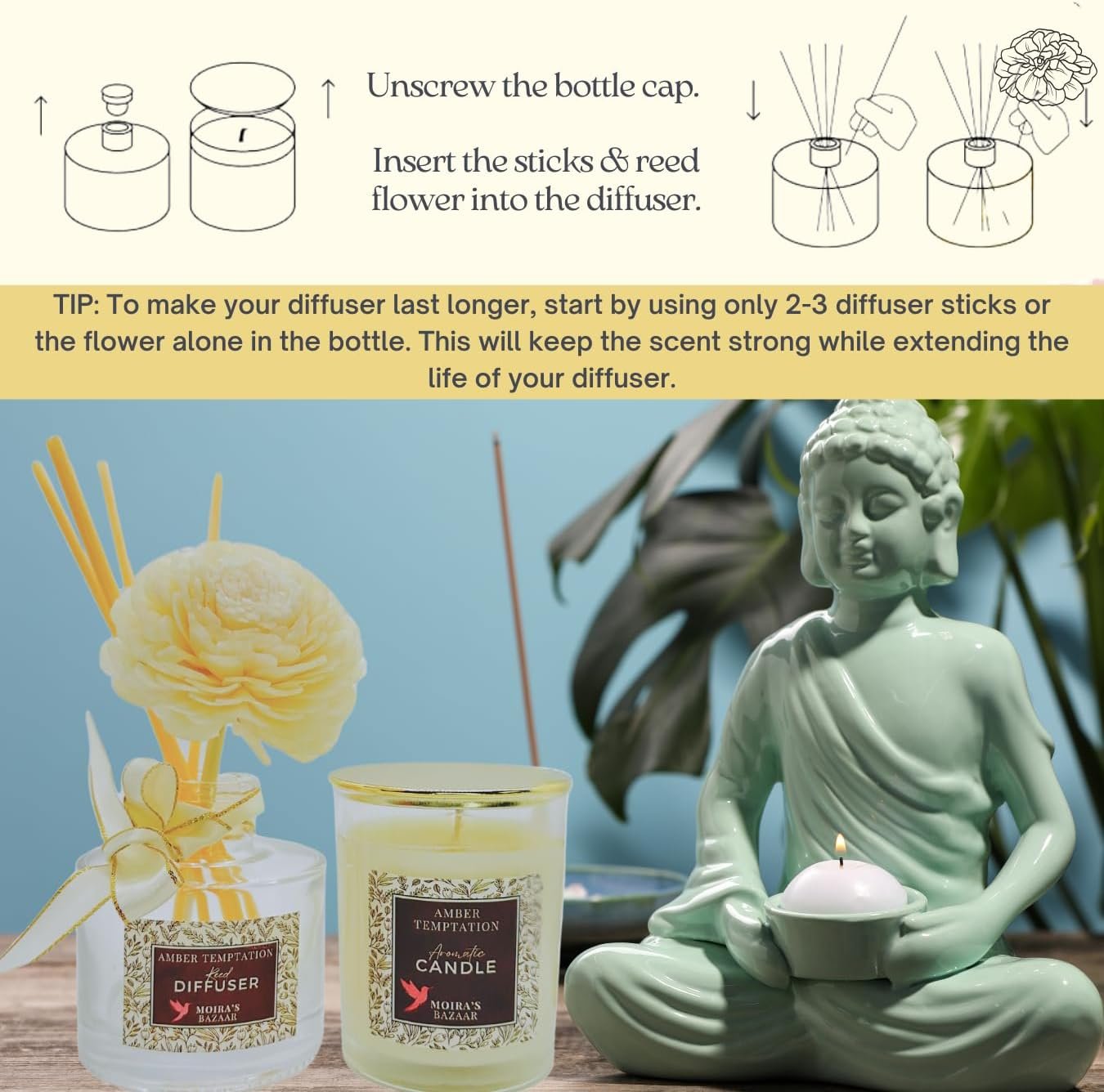 Moira's Bazaar Elysian Essence Aromatherapy Gift Set – Luxury Candle and Flower Reed Diffuser – Perfect Scented Gift for Women, Sophisticated Scent, Home & Bath Decor (English Orchard) - Image 4